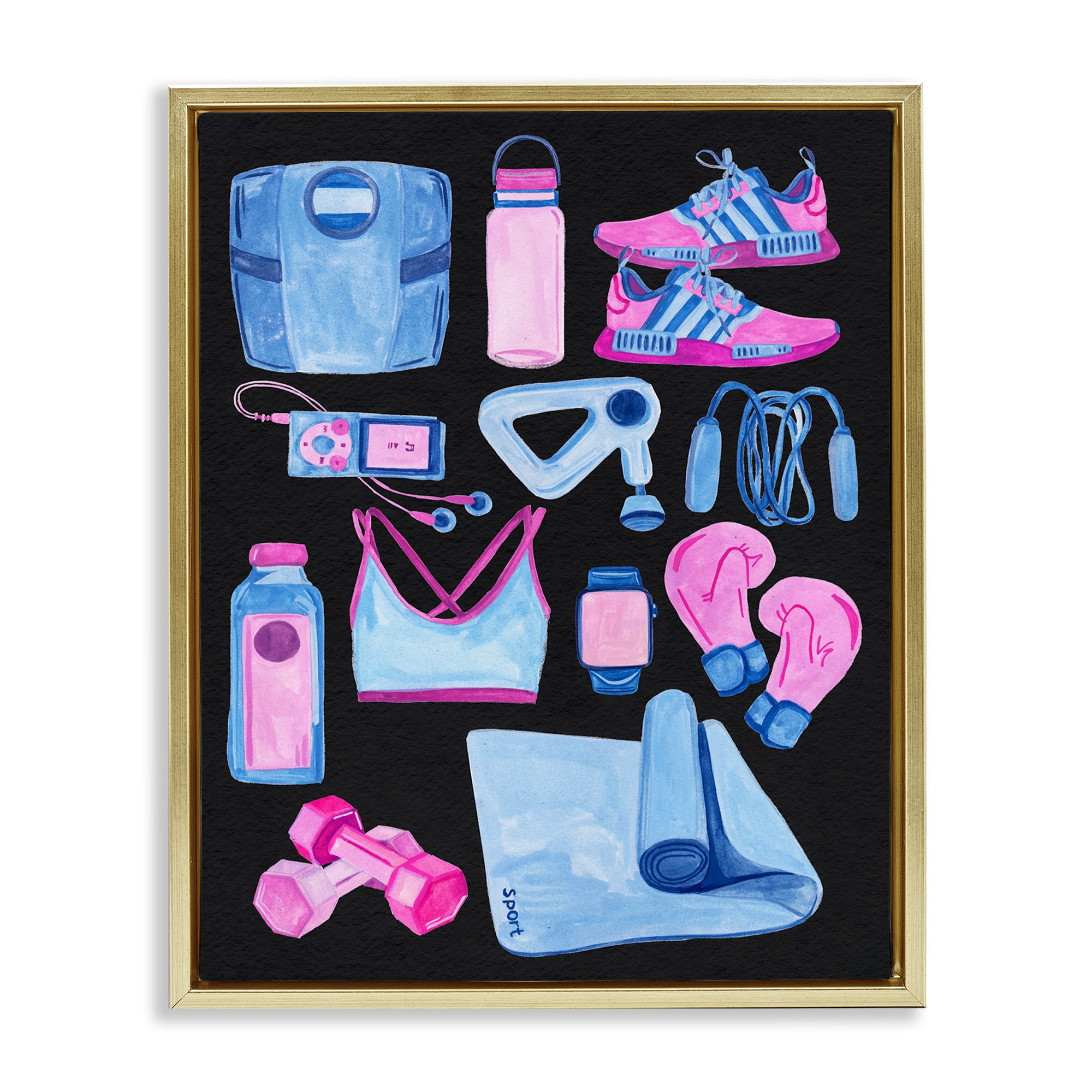Stupell Industries Bold Exercise Equipment Sports Painting Gold Floater Framed Canvas Art Print Wall Art, 17 x 21