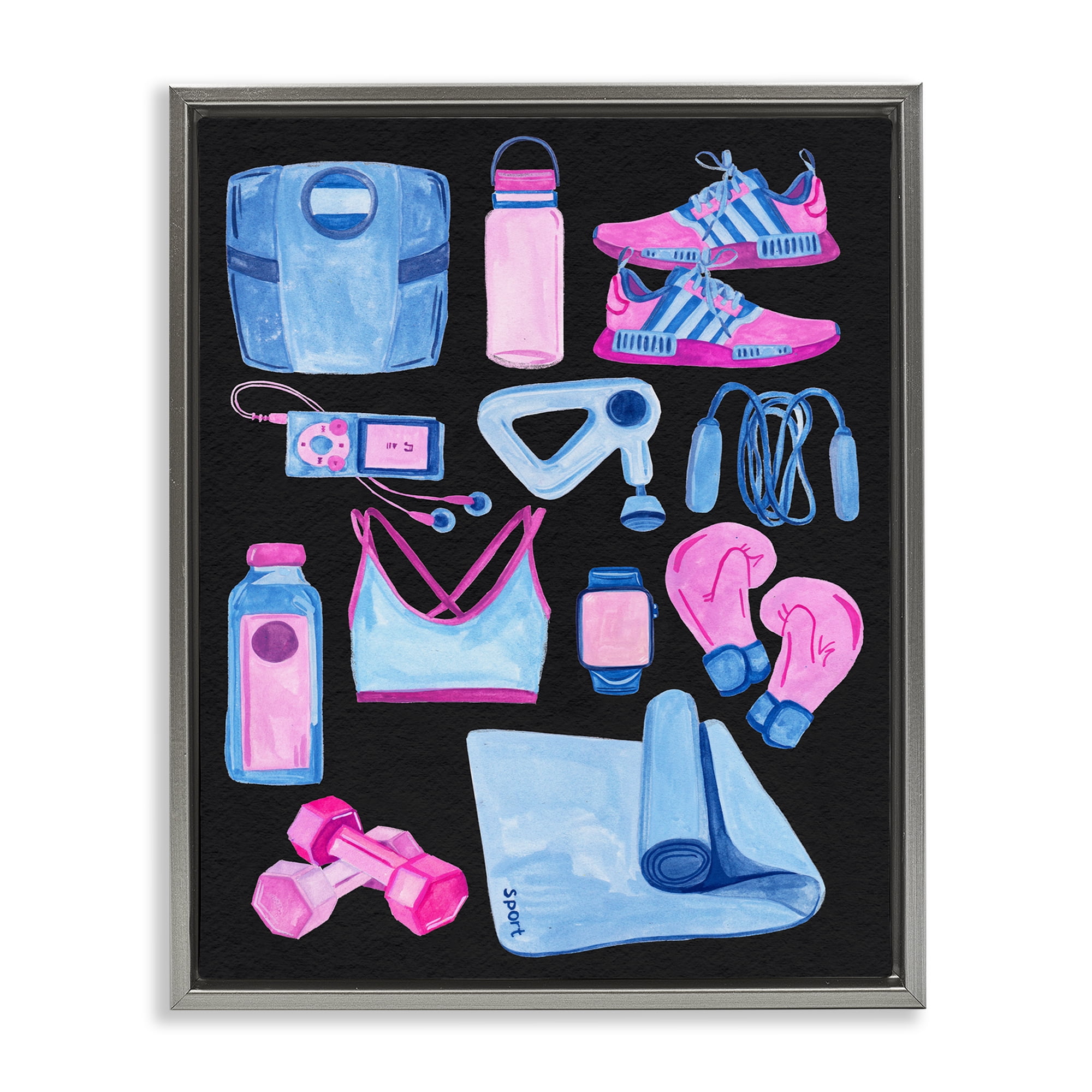 Stupell Industries Bold Exercise Equipment Sports Painting Gray Floater Framed Canvas Art Print Wall Art, 17 x 21