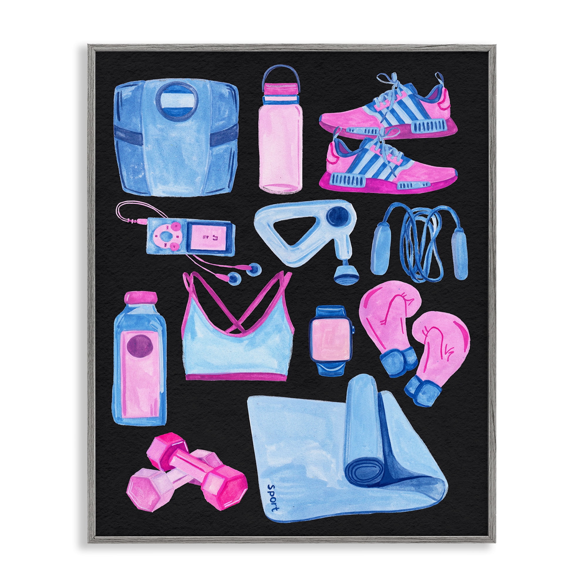 Stupell Industries Bold Exercise Equipment Sports Painting Gray Framed Art Print Wall Art, 16 x 20
