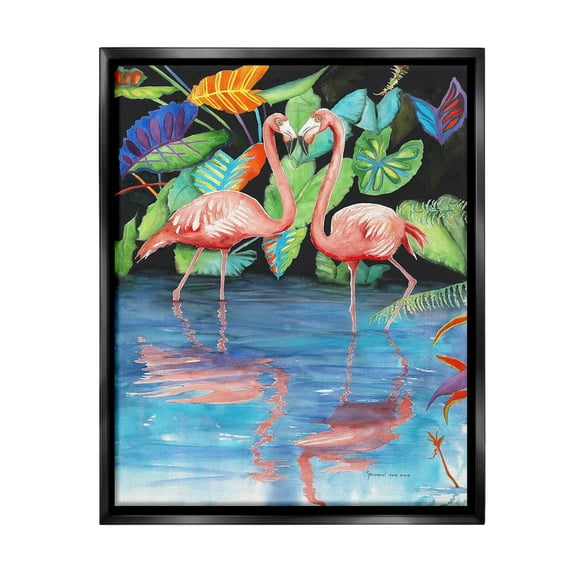 Stupell Industries Bold Flamingos Reflection Animals & Insects Painting Black Floater Framed Canvas Art Print Wall Art, 17 x 21