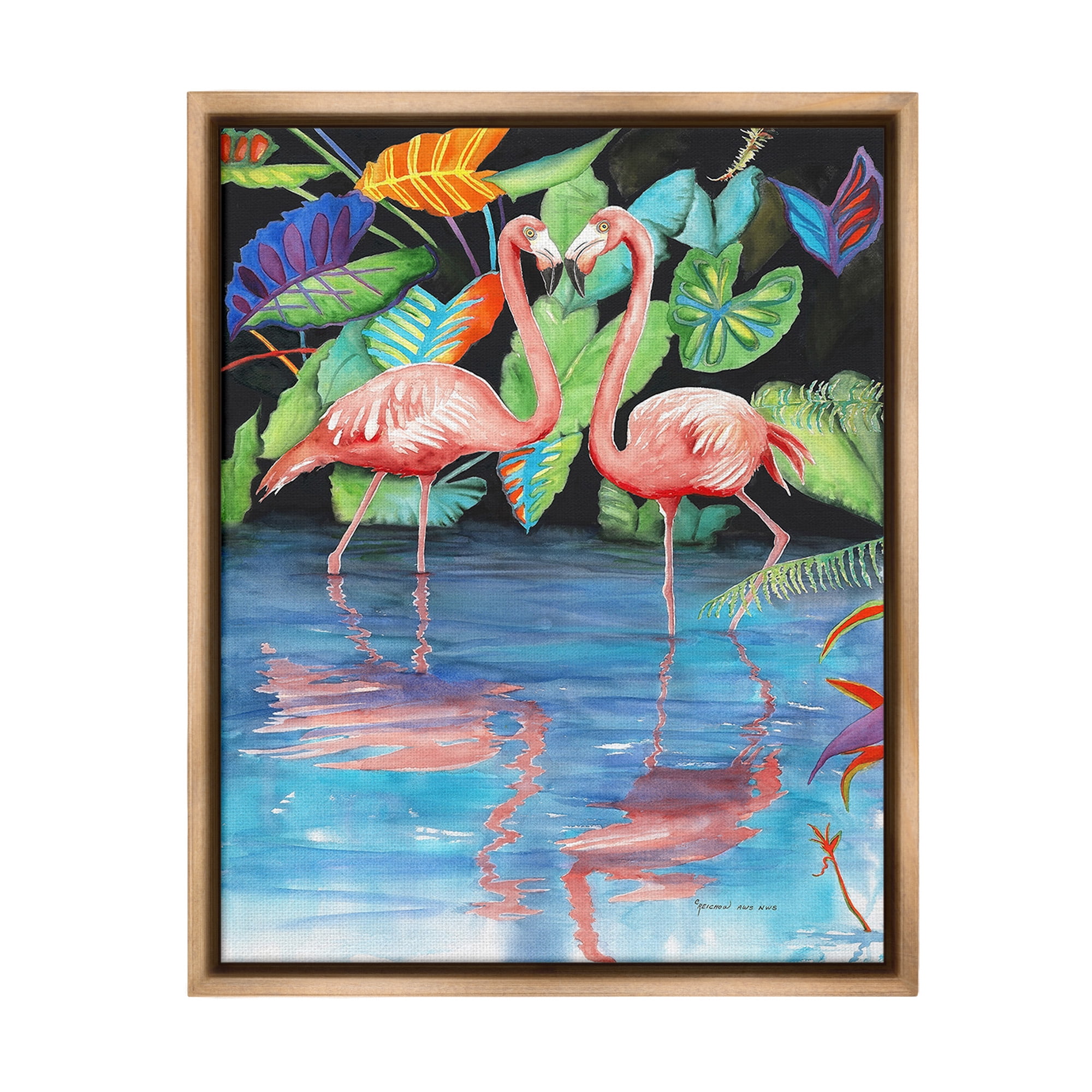 Stupell Industries Bold Flamingos Reflection Animals & Insects Painting Brown Floater Framed Canvas Art Print Wall Art, 25 x 31