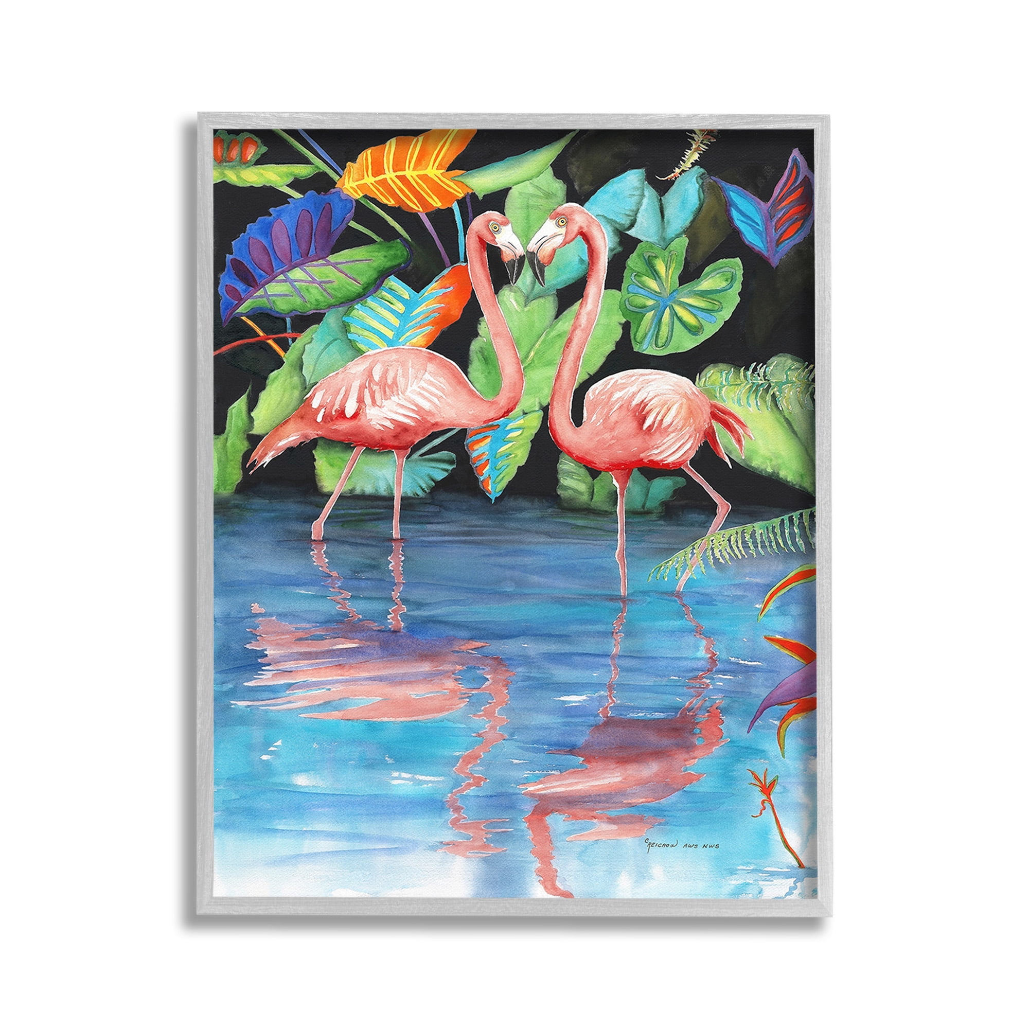 Stupell Industries Bold Flamingos Reflection Animals & Insects Painting Gray Framed Art Print Wall Art, 11 x 14