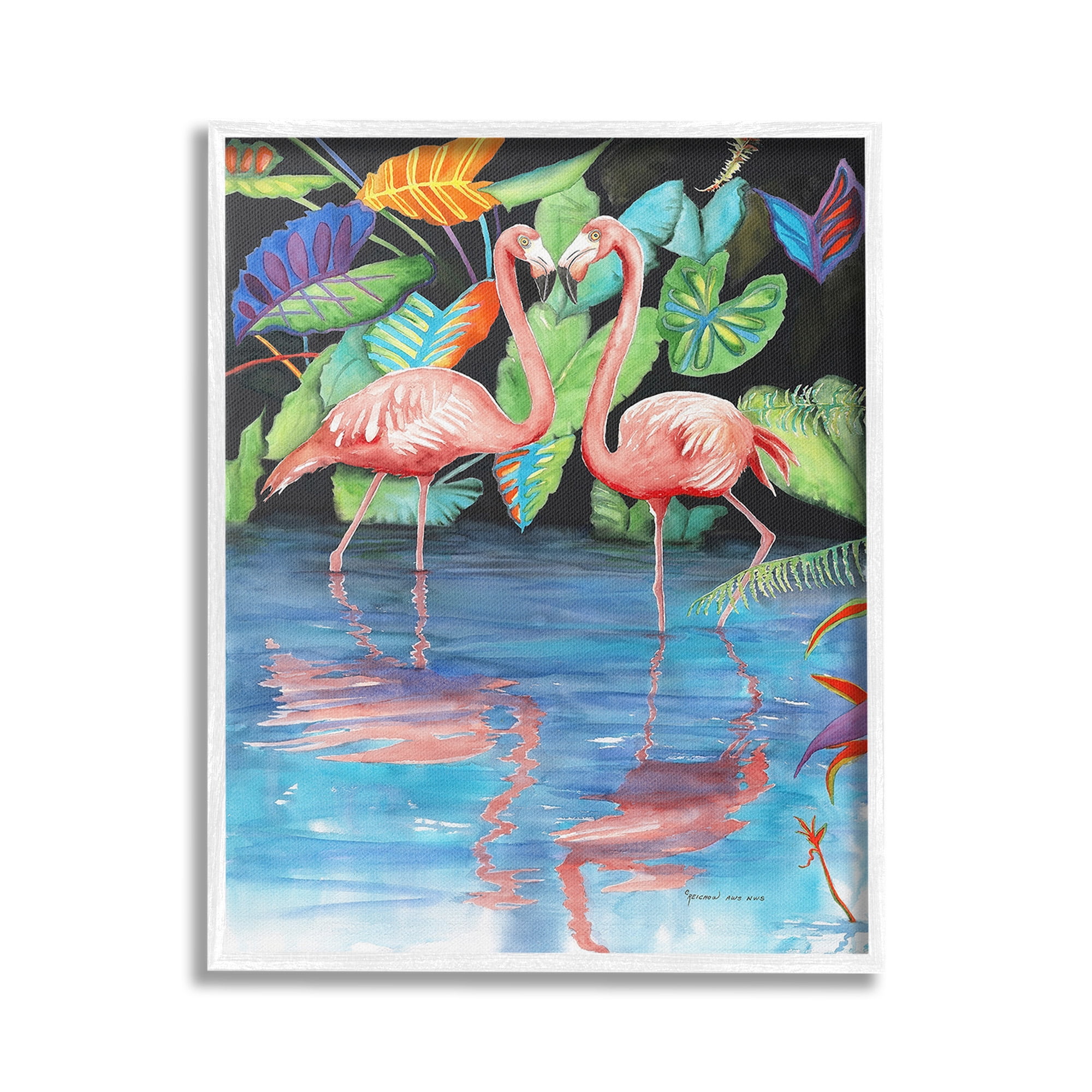 Stupell Industries Bold Flamingos Reflection Animals & Insects Painting White Framed Art Print Wall Art, 16 x 20