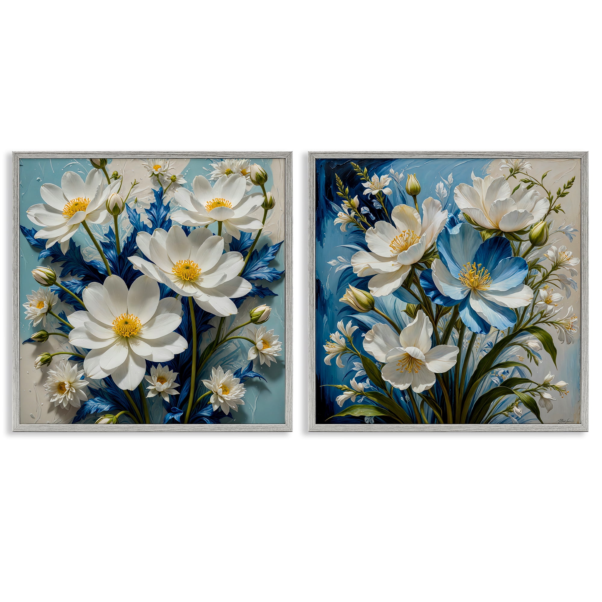Stupell Industries Bold Floral Bunches Floral & Botanical Painting Gray Framed Art Print Wall Art, 12 x 12, Set of 2