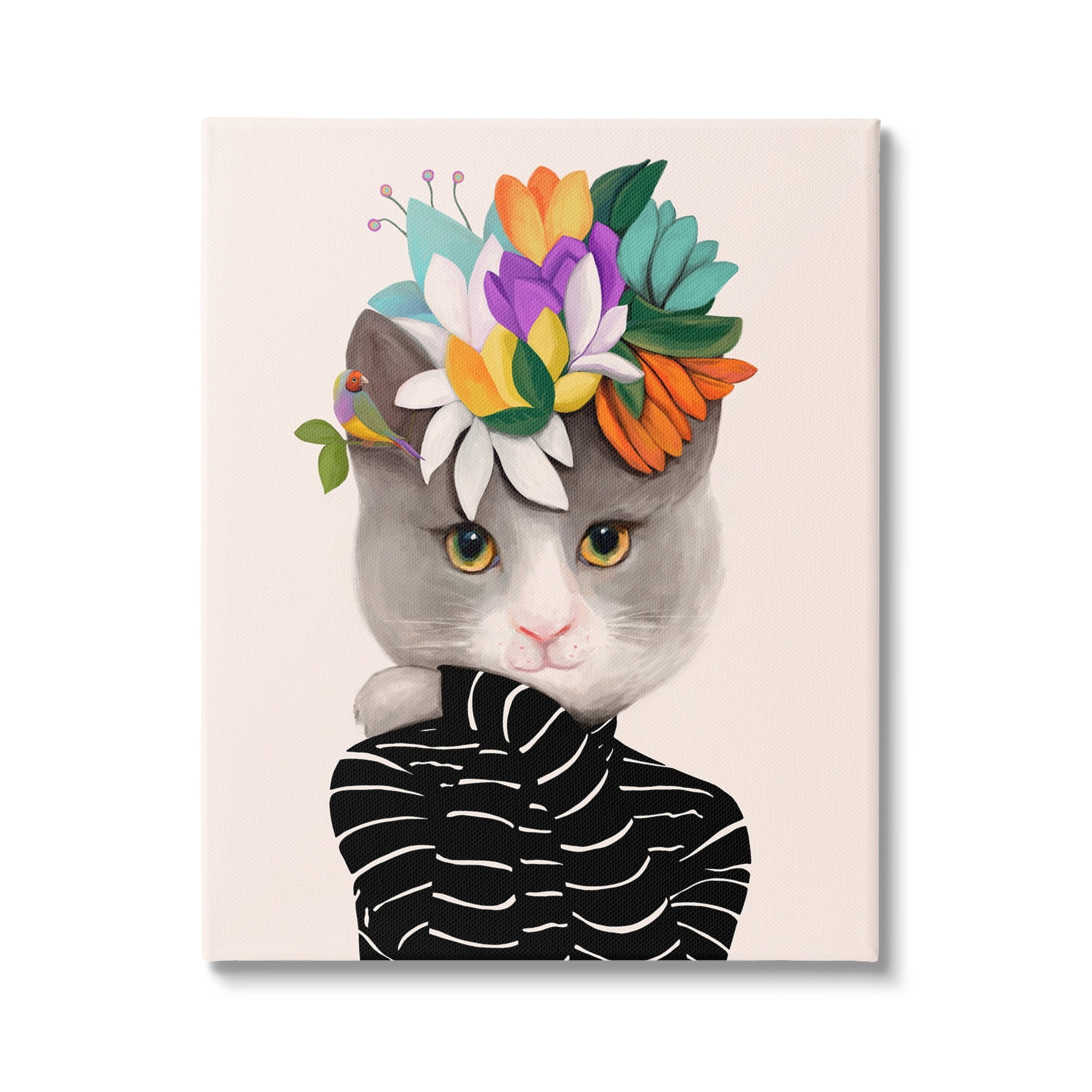 Stupell Industries Bold Floral Design Grey Cat Striped Sweater Canvas Wall Art, 36 x 48, Design by Ioana Horvat