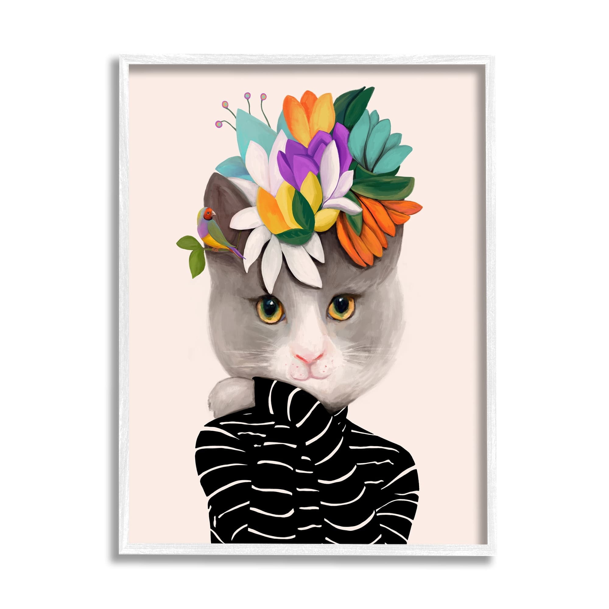 Stupell Industries Bold Floral Design Grey Cat Striped Sweater Framed Wall Art, 11 x 14, Design by Ioana Horvat