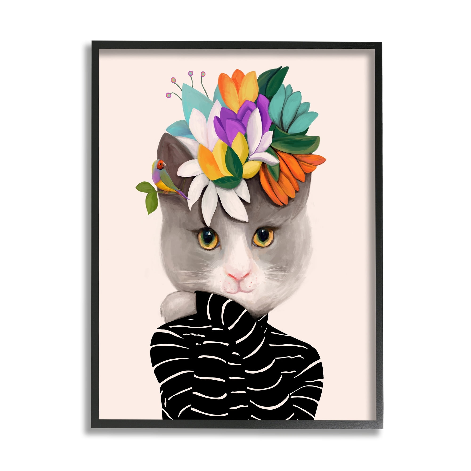 Stupell Industries Bold Floral Design Grey Cat Striped Sweater Framed Wall Art, 16 x 20, Design by Ioana Horvat