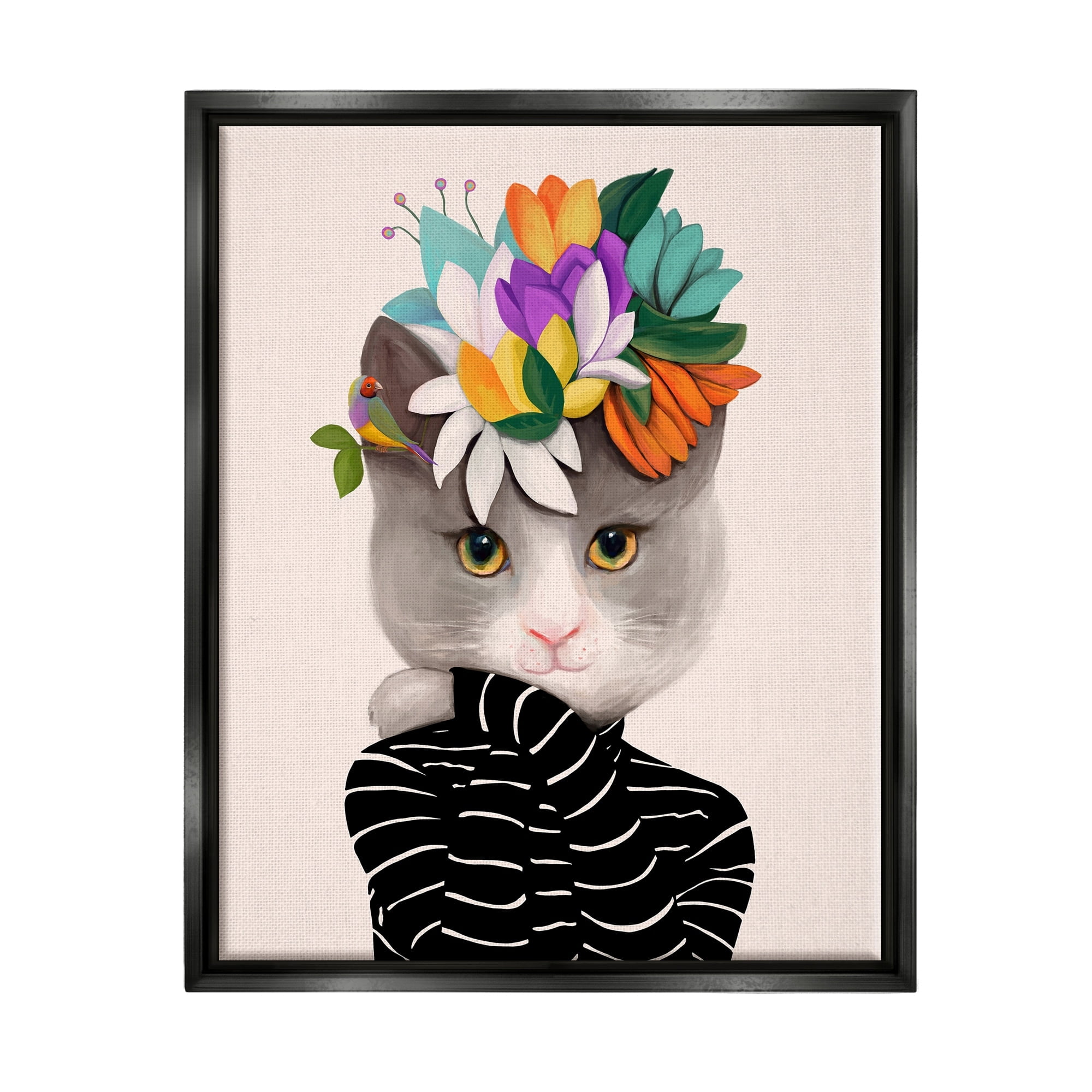 Stupell Industries Bold Floral Design Grey Cat Striped Sweater Jet Black Framed Floating Canvas Wall Art, 16x20, by Ioana Horvat