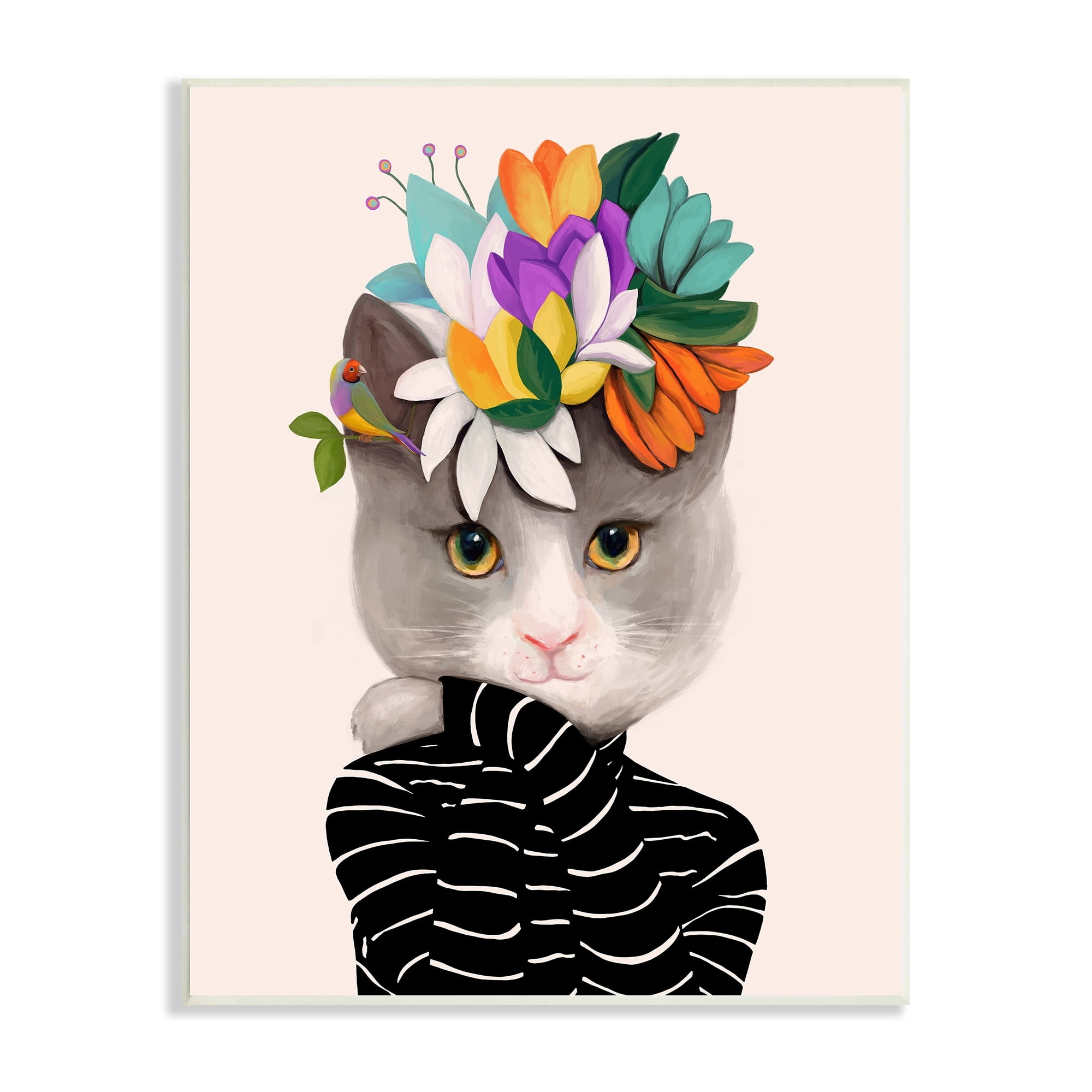 Stupell Industries Bold Floral Design Grey Cat Striped Sweater Wood Wall Art, 10 x 15, Design by Ioana Horvat
