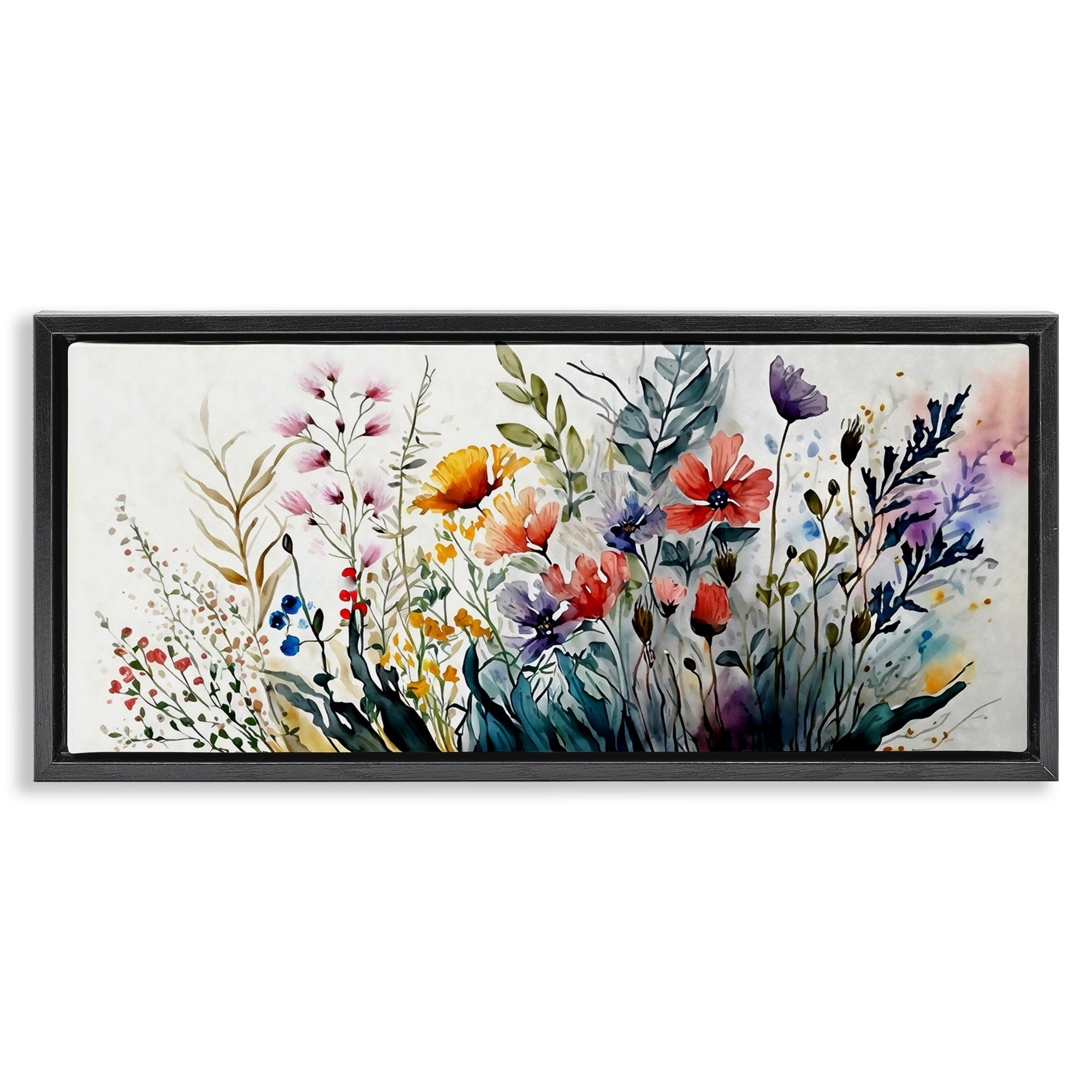 Stupell Industries Bold Floral Hues Blooming Nature Botanical & Floral Painting Black Floater Framed Canvas Art Print Wall Art, 31 x 14