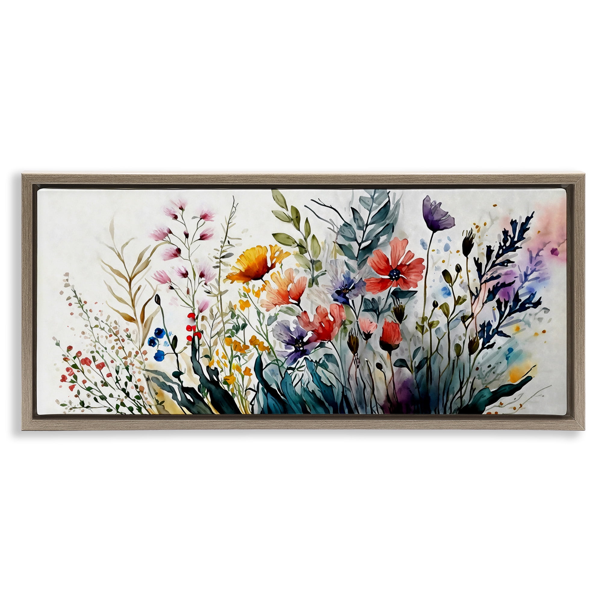 Stupell Industries Bold Floral Hues Blooming Nature Botanical & Floral Painting Brown Floater Framed Canvas Art Print Wall Art, 25 x 11