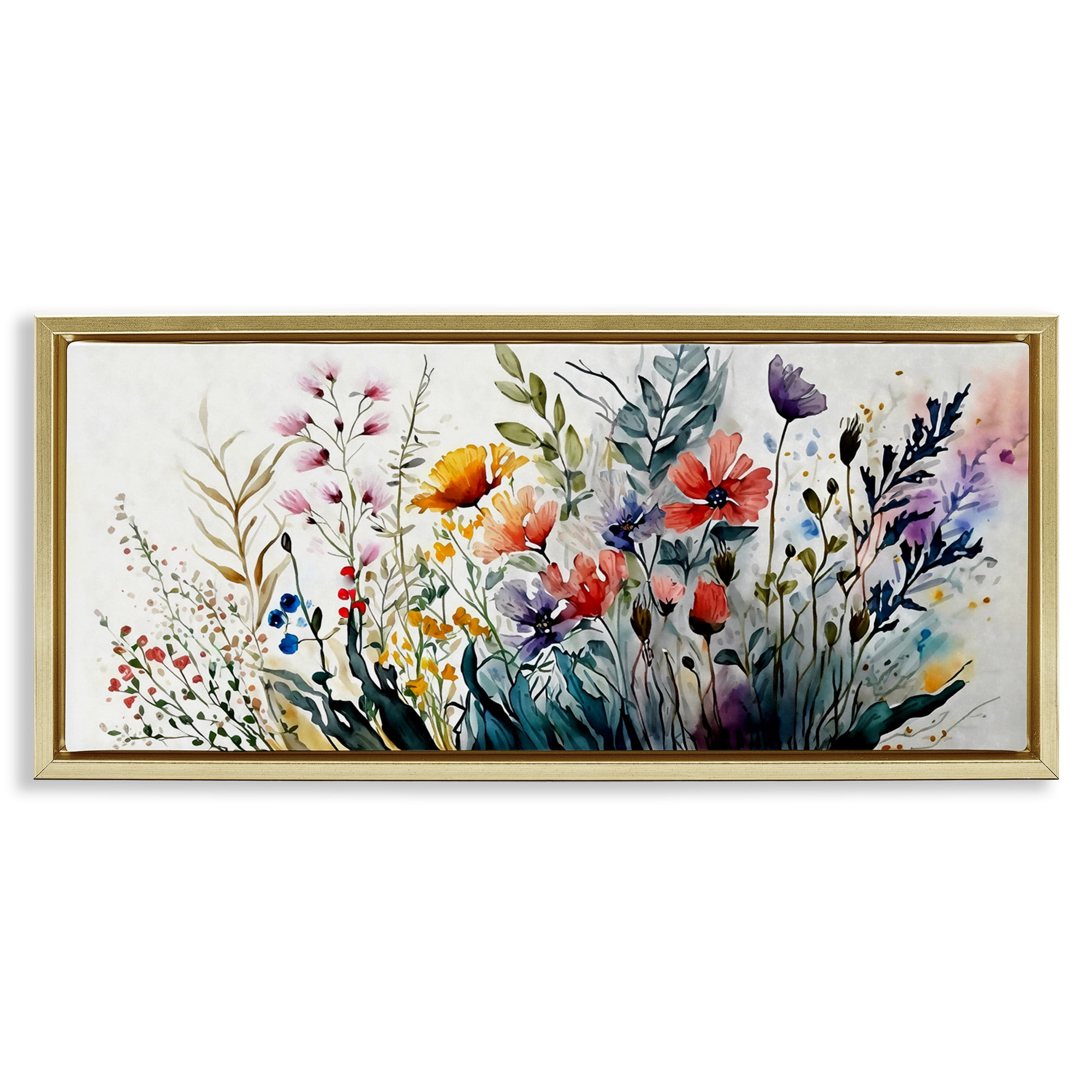 Stupell Industries Bold Floral Hues Blooming Nature Botanical & Floral Painting Gold Floater Framed Canvas Art Print Wall Art, 25 x 11