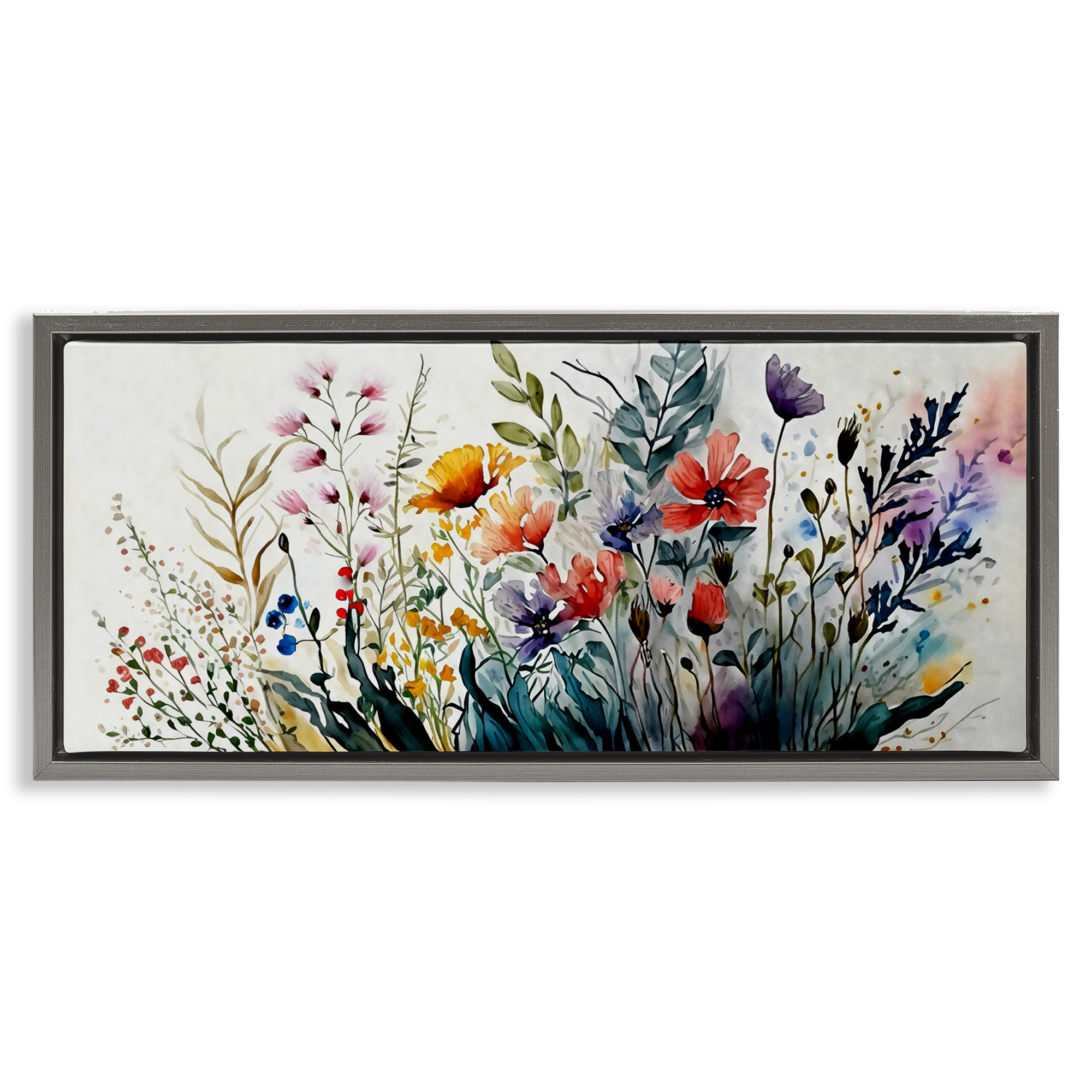 Stupell Industries Bold Floral Hues Blooming Nature Botanical & Floral Painting Gray Floater Framed Canvas Art Print Wall Art, 25 x 11