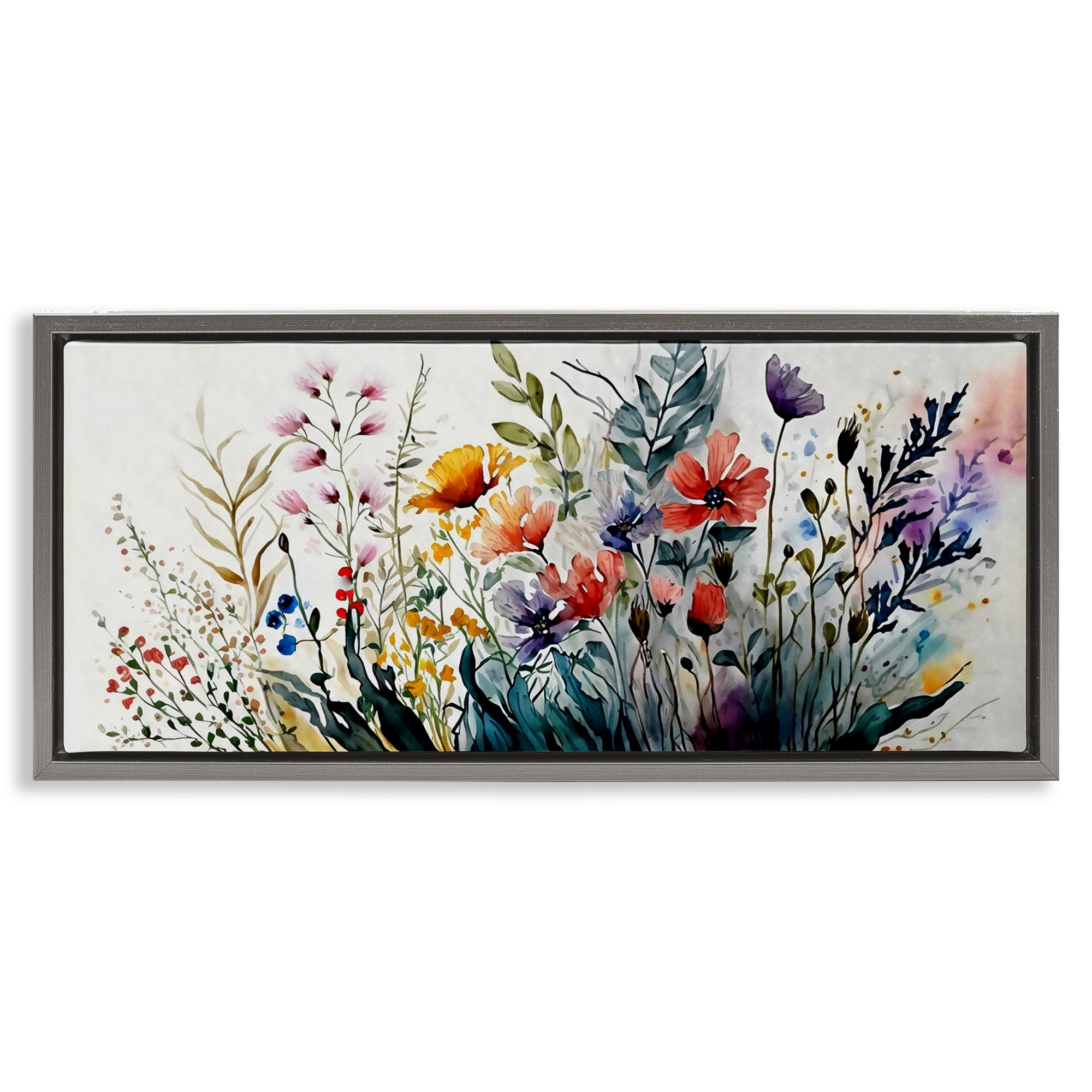 Stupell Industries Bold Floral Hues Blooming Nature Botanical & Floral Painting Gray Floater Framed Canvas Art Print Wall Art, 31 x 14