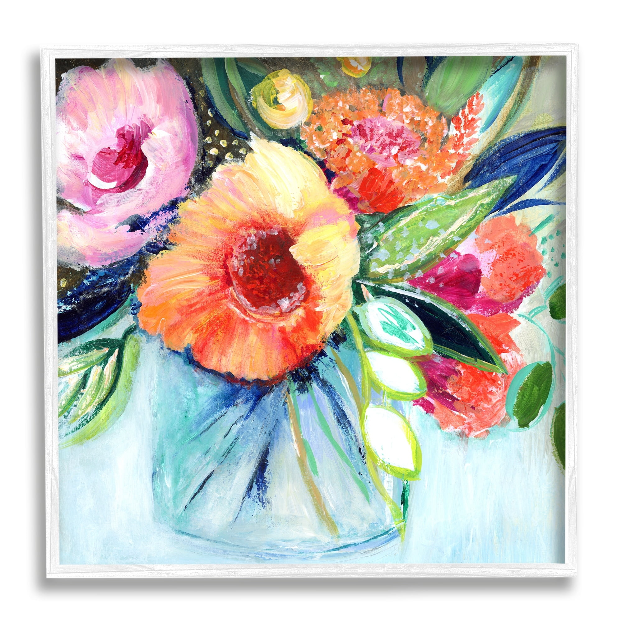 Stupell Industries Bold Flower Bloom Bouquet Blue Orange Pink Arrangement, 17 x 17,Design by Janet Tava