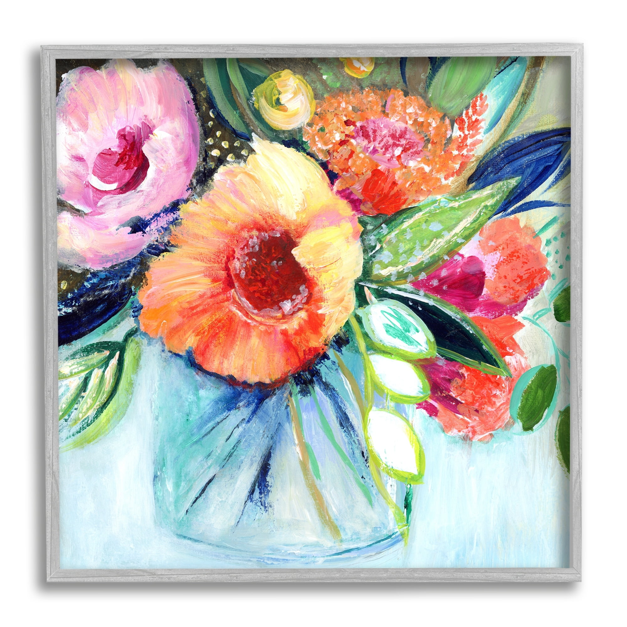 Stupell Industries Bold Flower Bloom Bouquet Blue Orange Pink Arrangement, 24 x 24,Design by Janet Tava