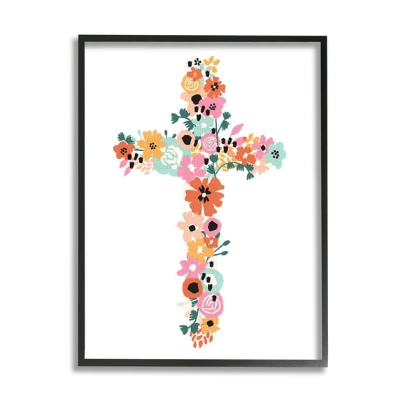 Stupell Industries Bold Flowers Cross Symbol Floral Arrangement Design Framed Wall Art, 11 x 14, Design by Jess Bruggink