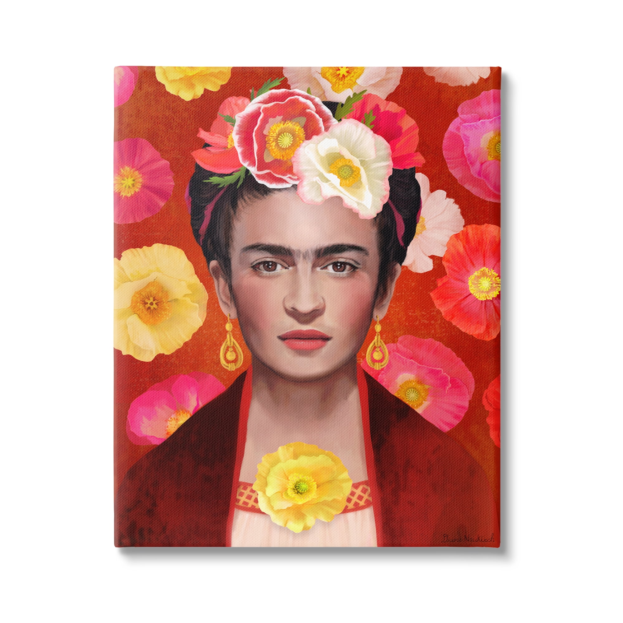 Stupell Industries Bold Frida Kahlo Portrait Floral Poppies Pattern Painting Gallery Wrapped Canvas Print Wall Art, Design by Diane Neukirch