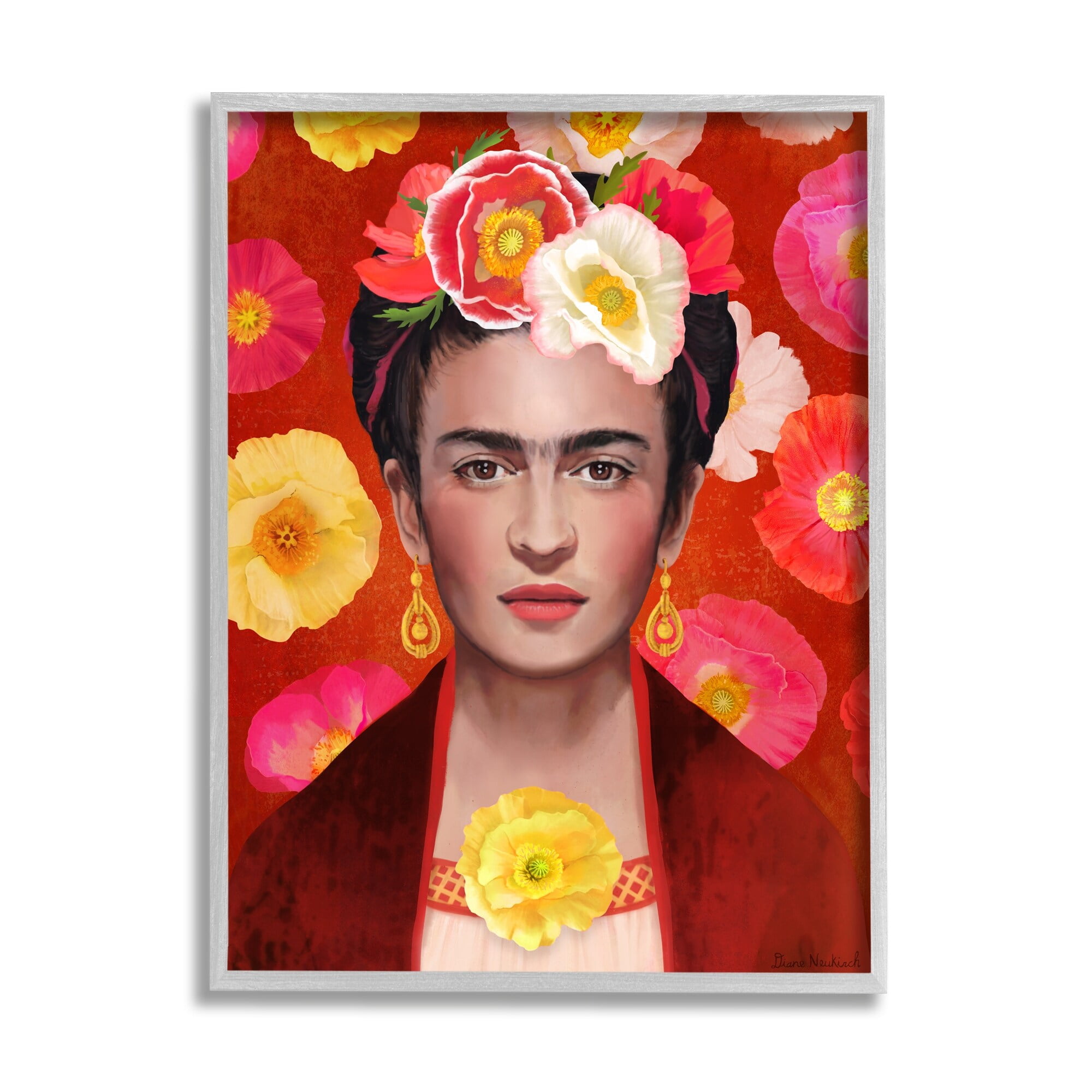 Stupell Industries Bold Frida Kahlo Portrait Floral Poppies Pattern Painting Gray Framed Art Print Wall Art, Design by Diane Neukirch