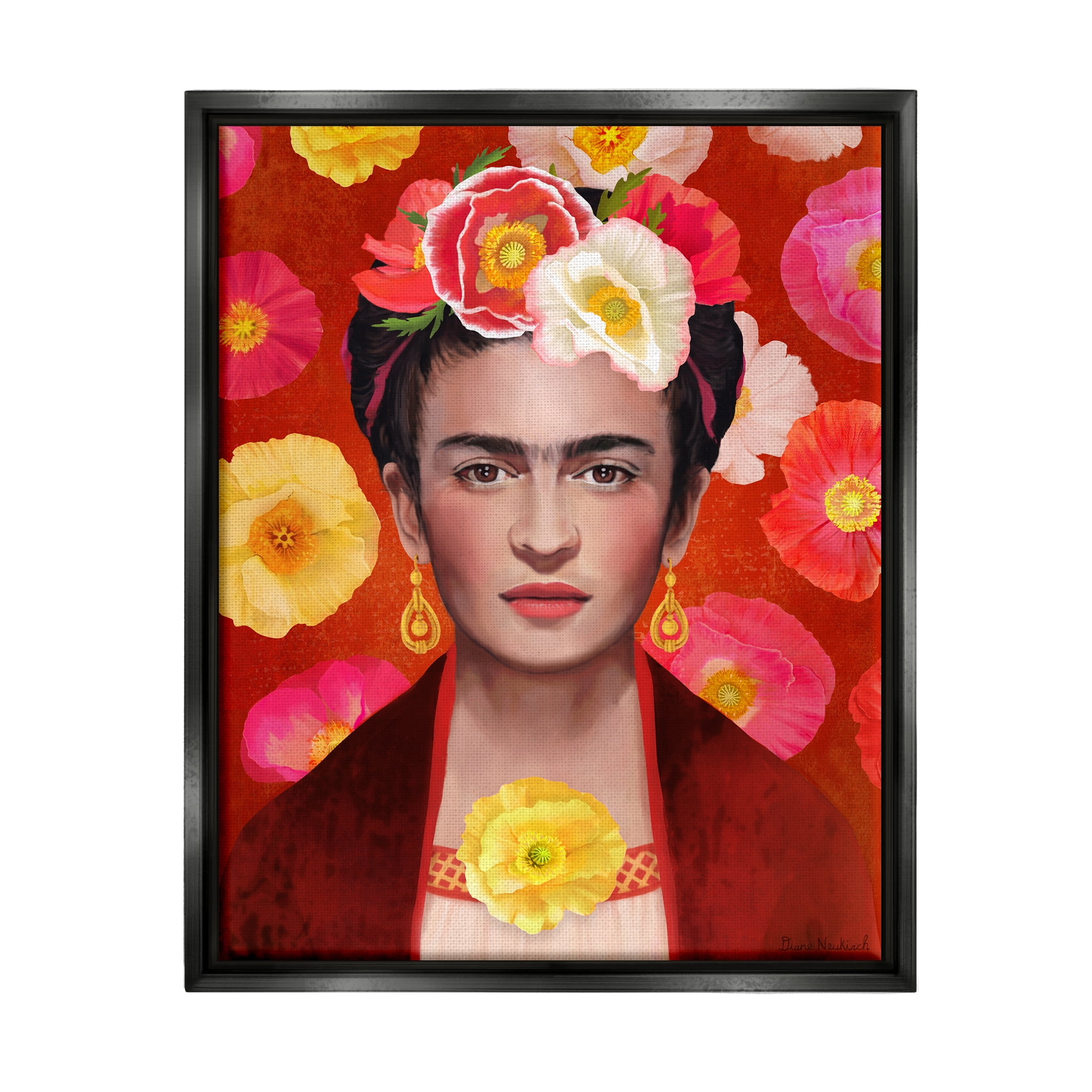 Stupell Industries Bold Frida Kahlo Portrait Floral Poppies Pattern Painting Jet Black Floating Framed Canvas Print Wall Art, Design by Diane Neukirch