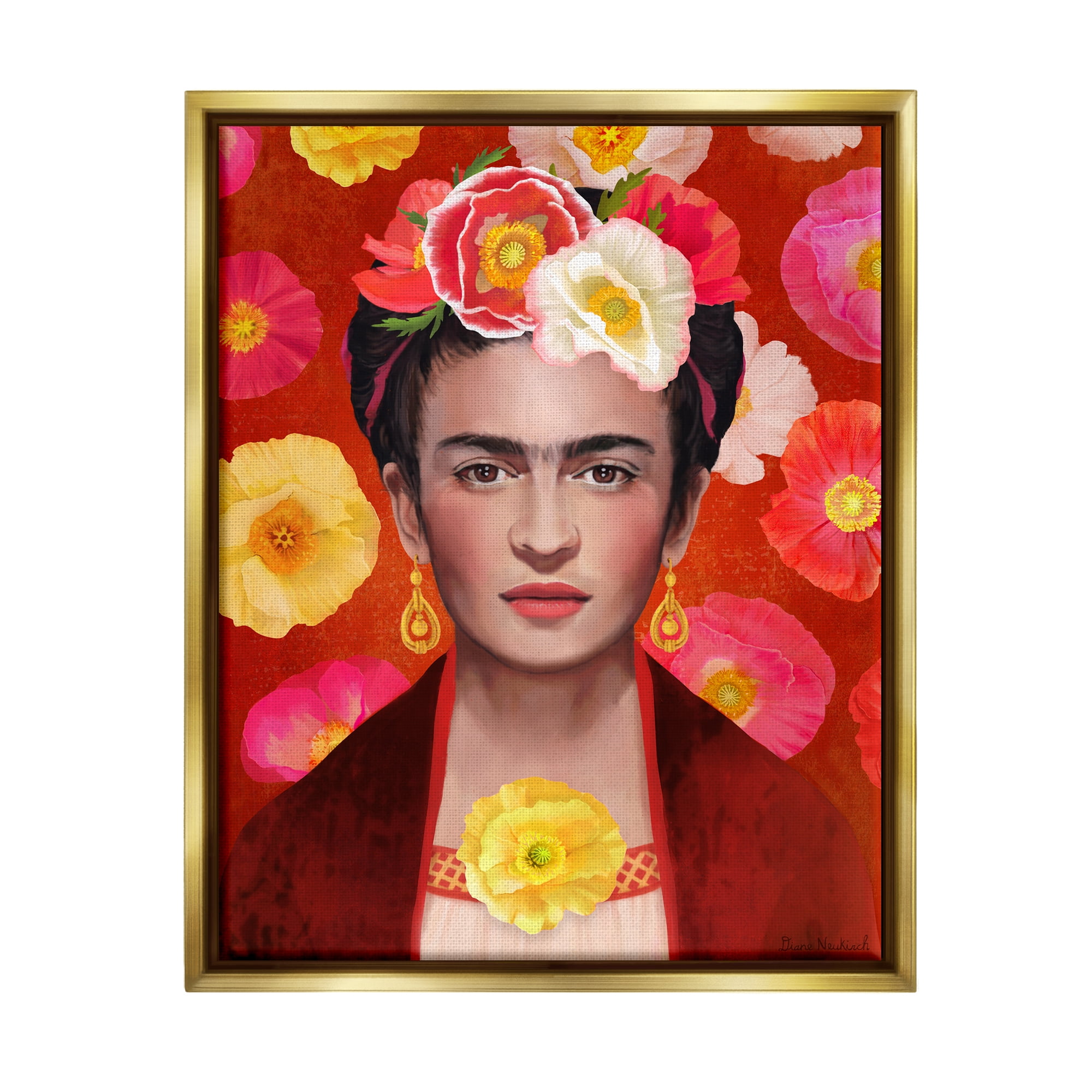 Stupell Industries Bold Frida Kahlo Portrait Floral Poppies Pattern Painting Metallic Gold Floating Framed Canvas Print Wall Art, Design by Diane Neukirch