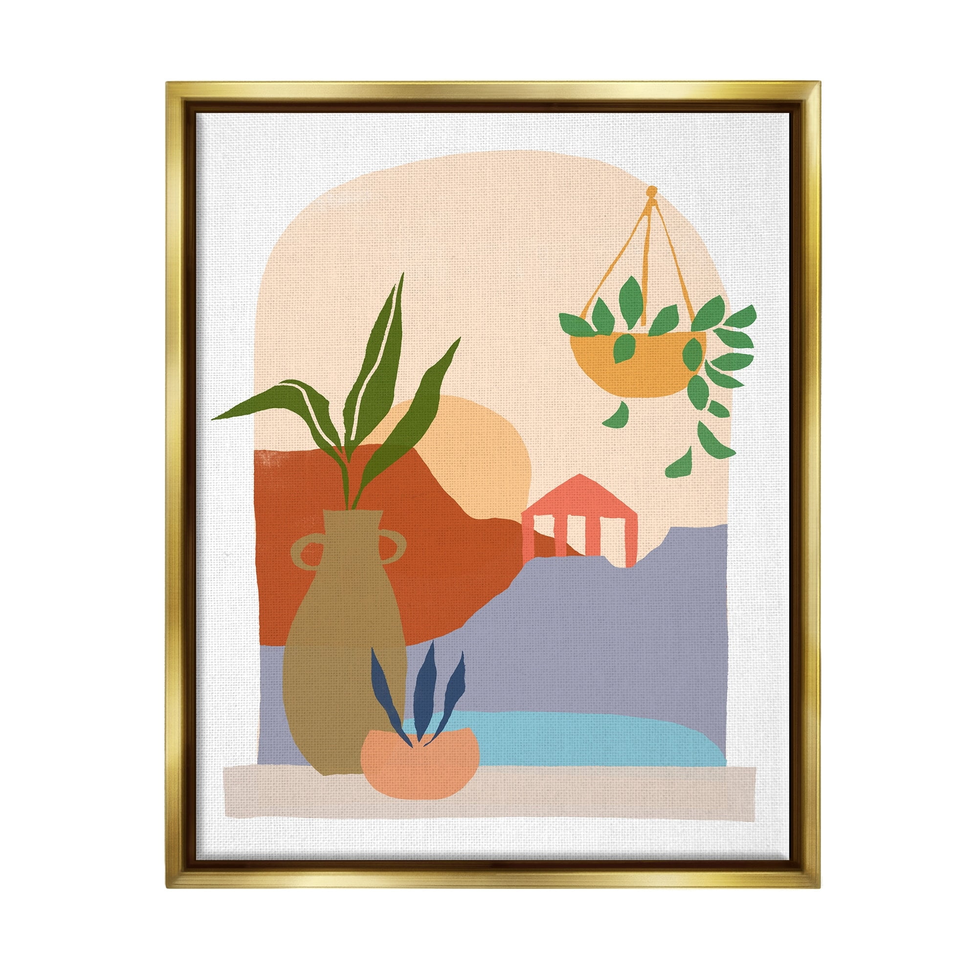 Stupell Industries Bold Hanging Potted Plants Windowsill Landscape Scene Graphic Art Metallic Gold Floating Framed Canvas Print Wall Art, Design by June Erica Vess