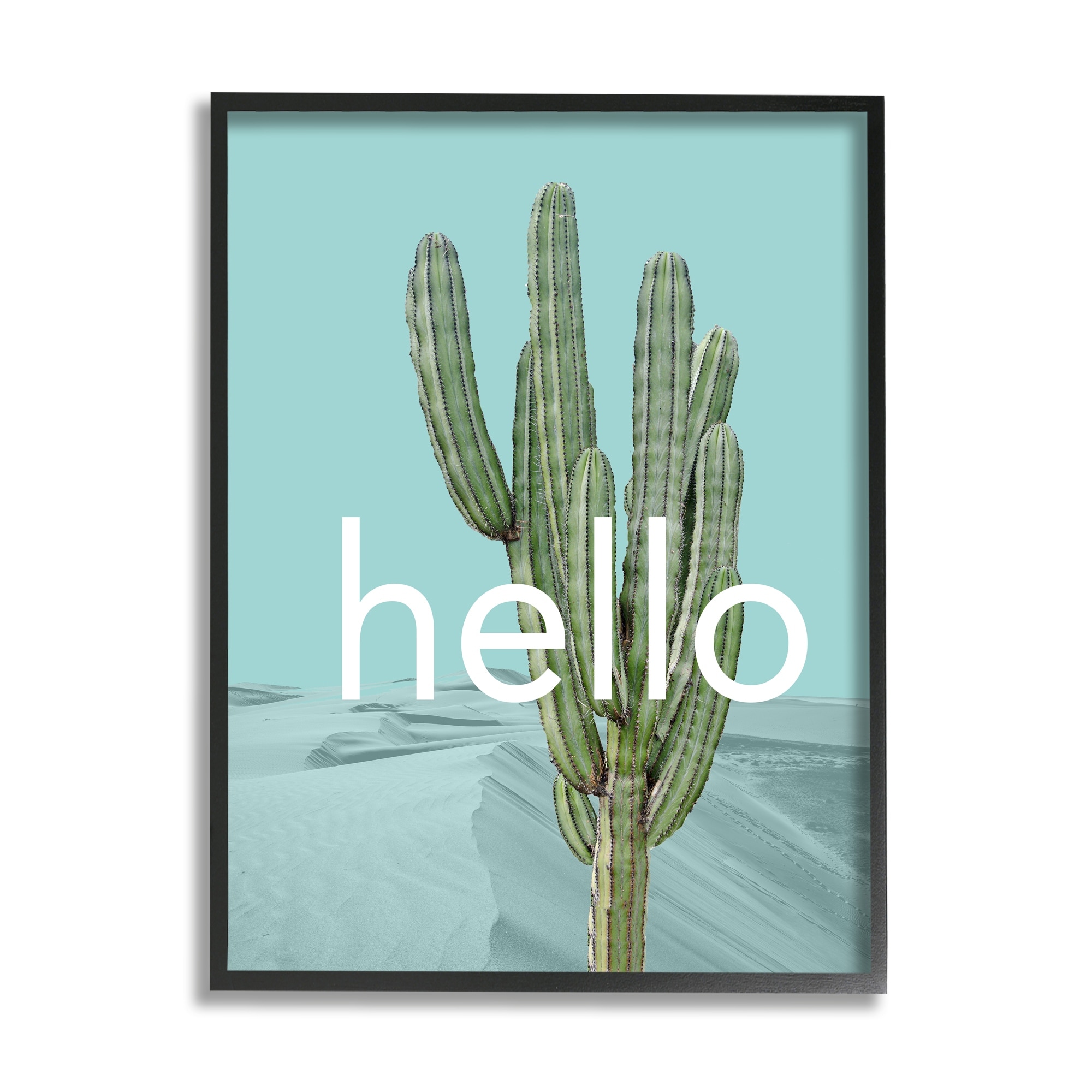 Stupell Industries Bold Hello Cactus Greeting Blue Desert Dunes Graphic Art Black Framed Art Print Wall Art, Design by J. Weiss