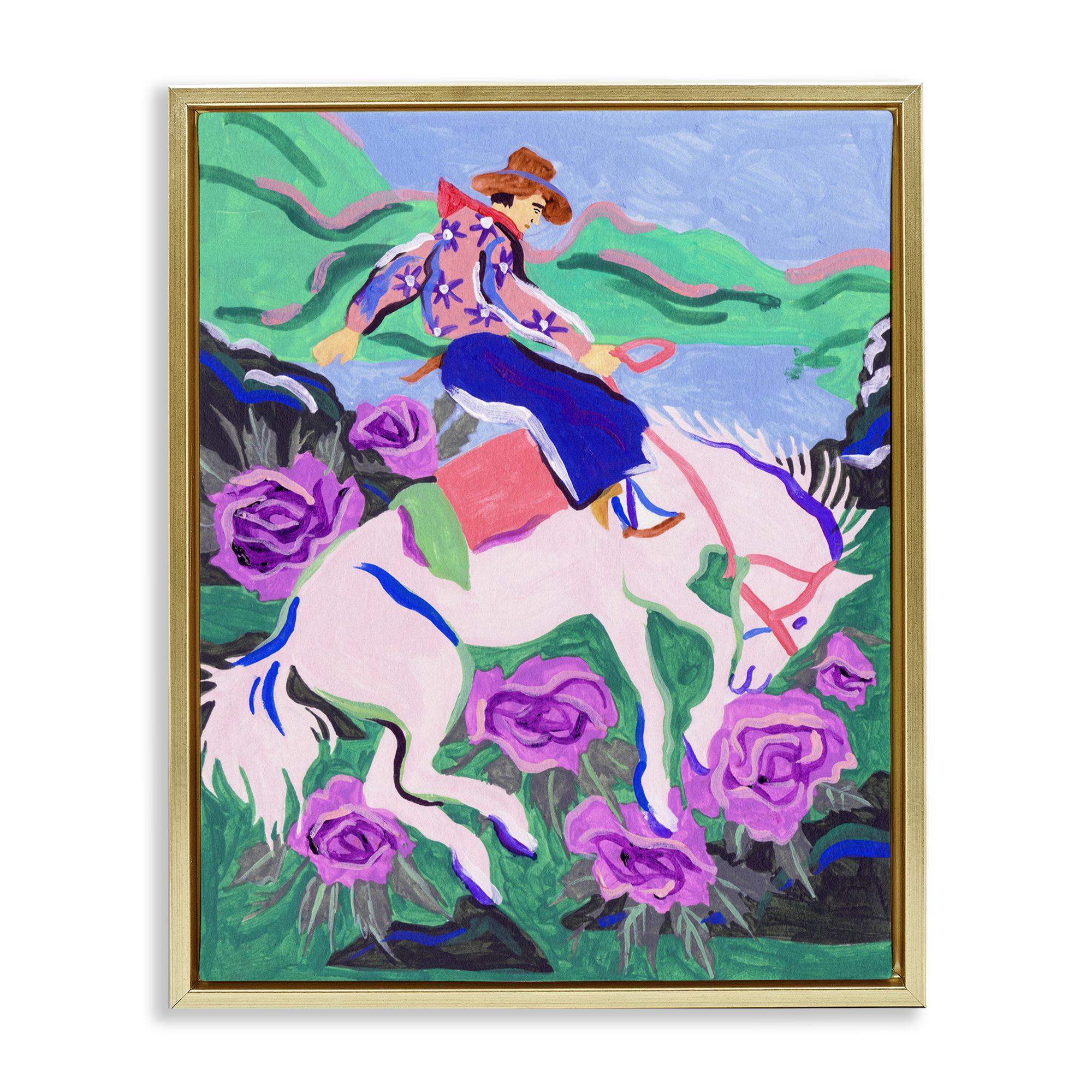 Stupell Industries Bold Hued Cowboy & Horse Animals Painting Gold Floater Framed Canvas Art Print Wall Art, 25 x 31