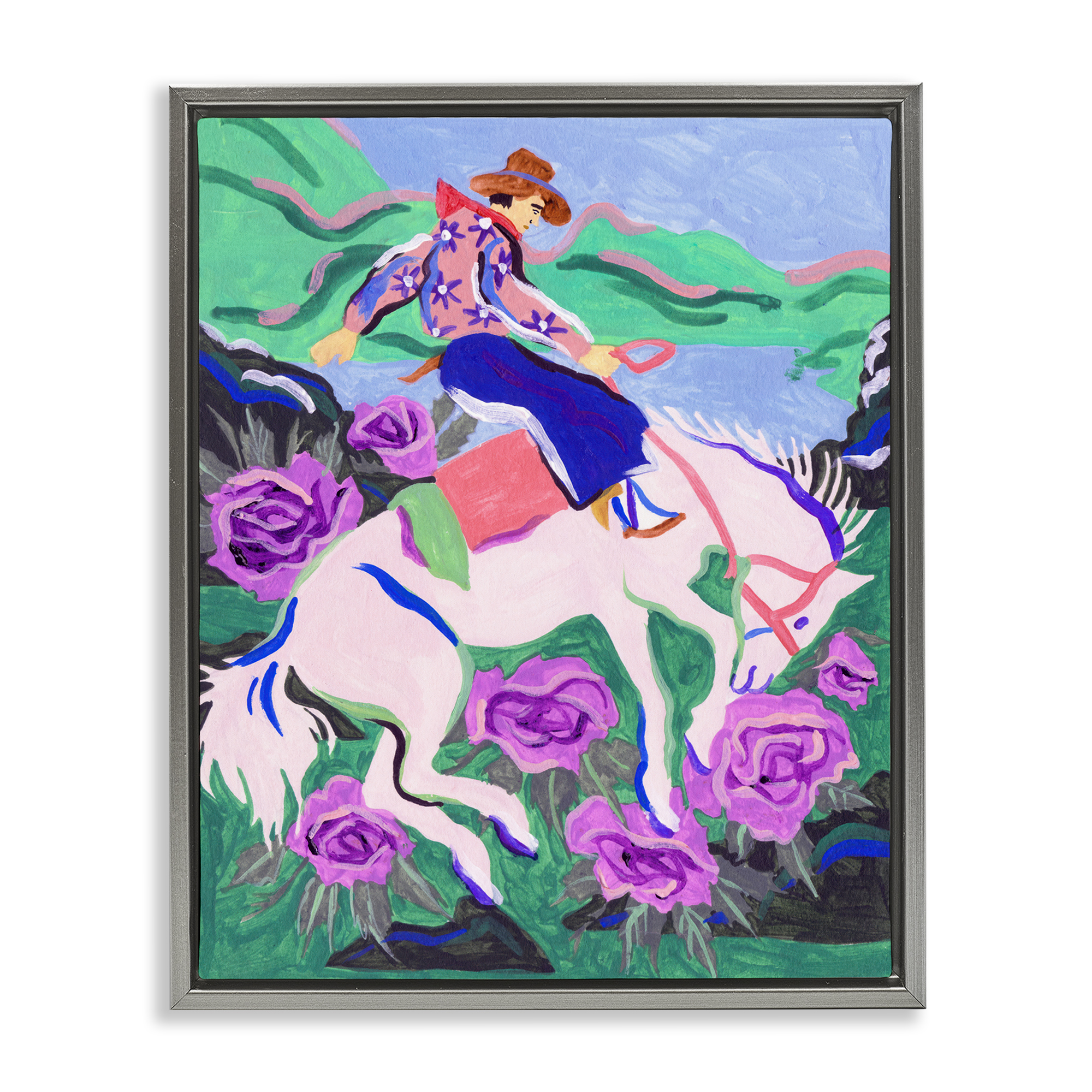 Stupell Industries Bold Hued Cowboy & Horse Animals Painting Gray Floater Framed Canvas Art Print Wall Art, 25 x 31