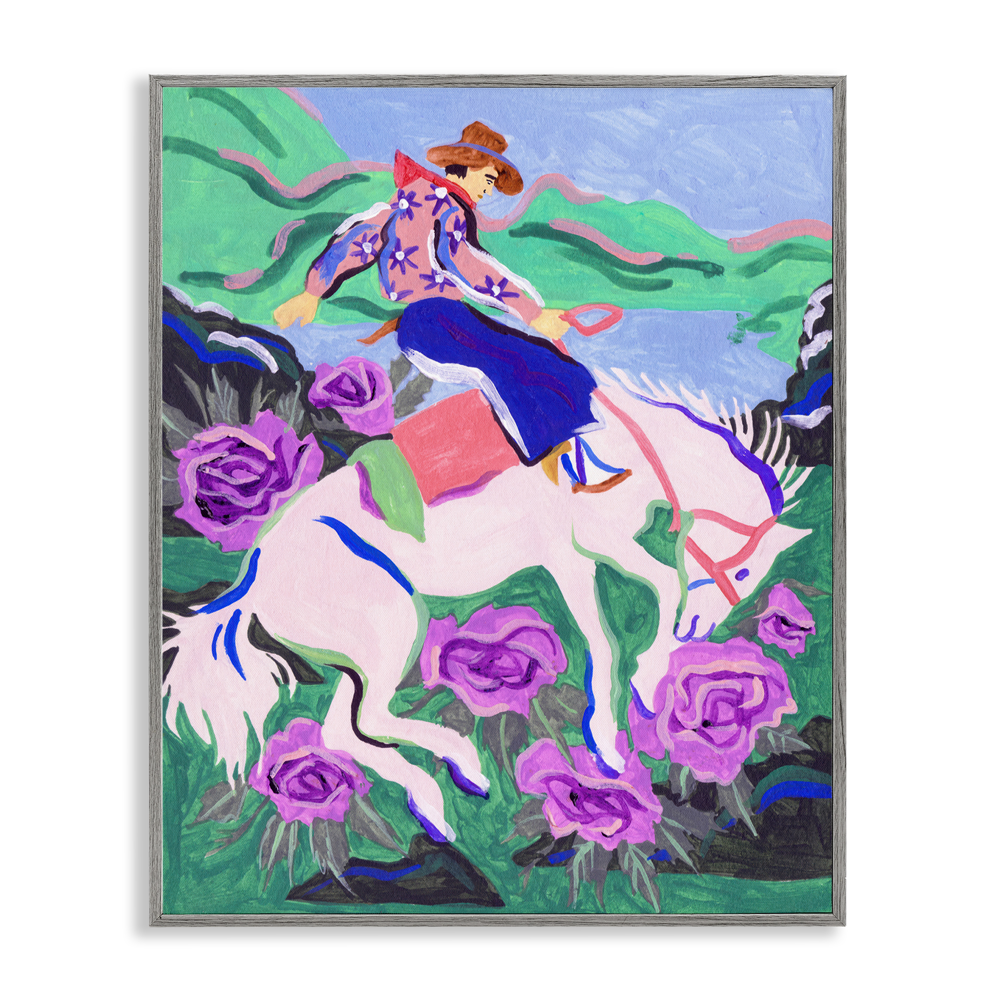 Stupell Industries Bold Hued Cowboy & Horse Animals Painting Gray Framed Art Print Wall Art, 16 x 20
