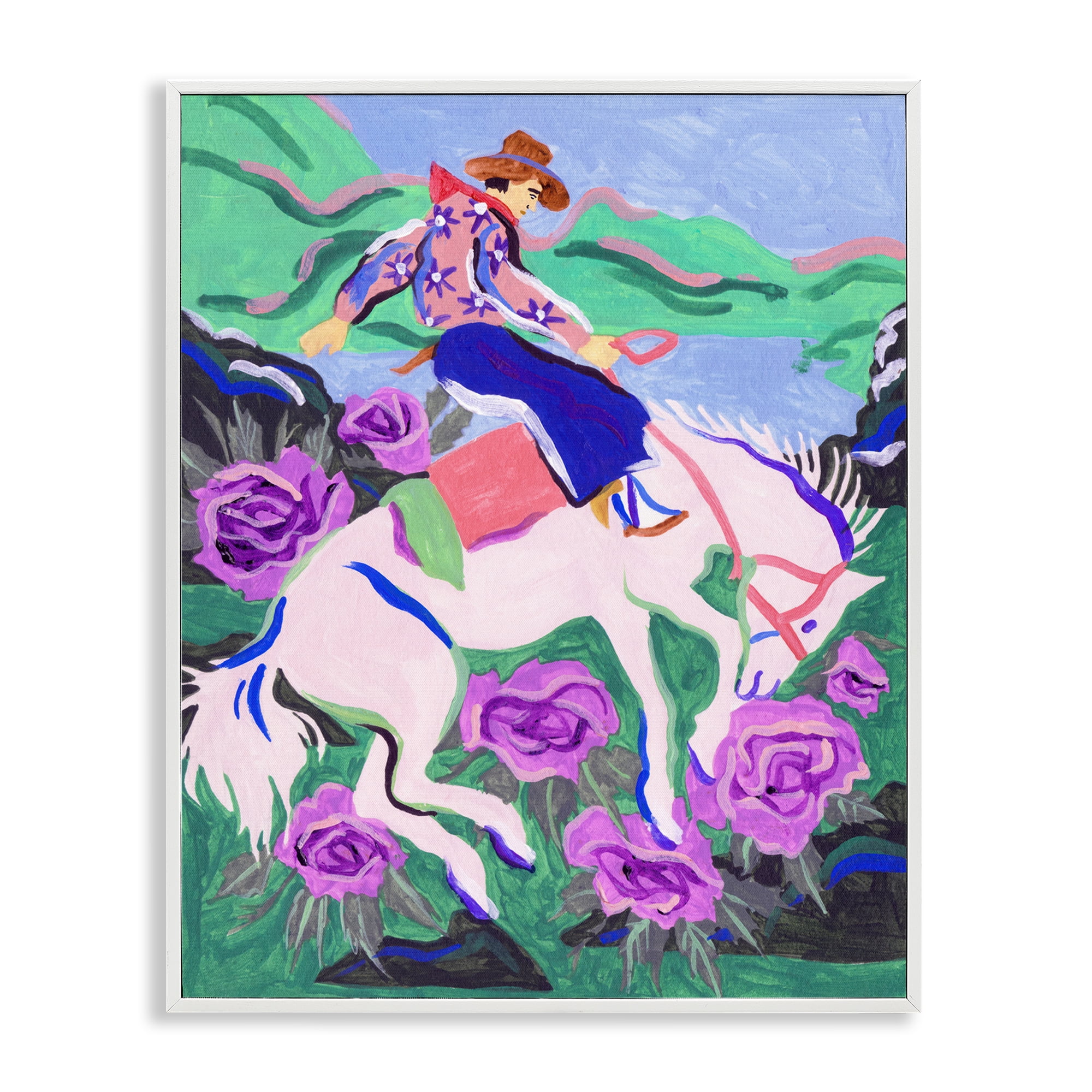 Stupell Industries Bold Hued Cowboy & Horse Animals Painting White Framed Art Print Wall Art, 11 x 14