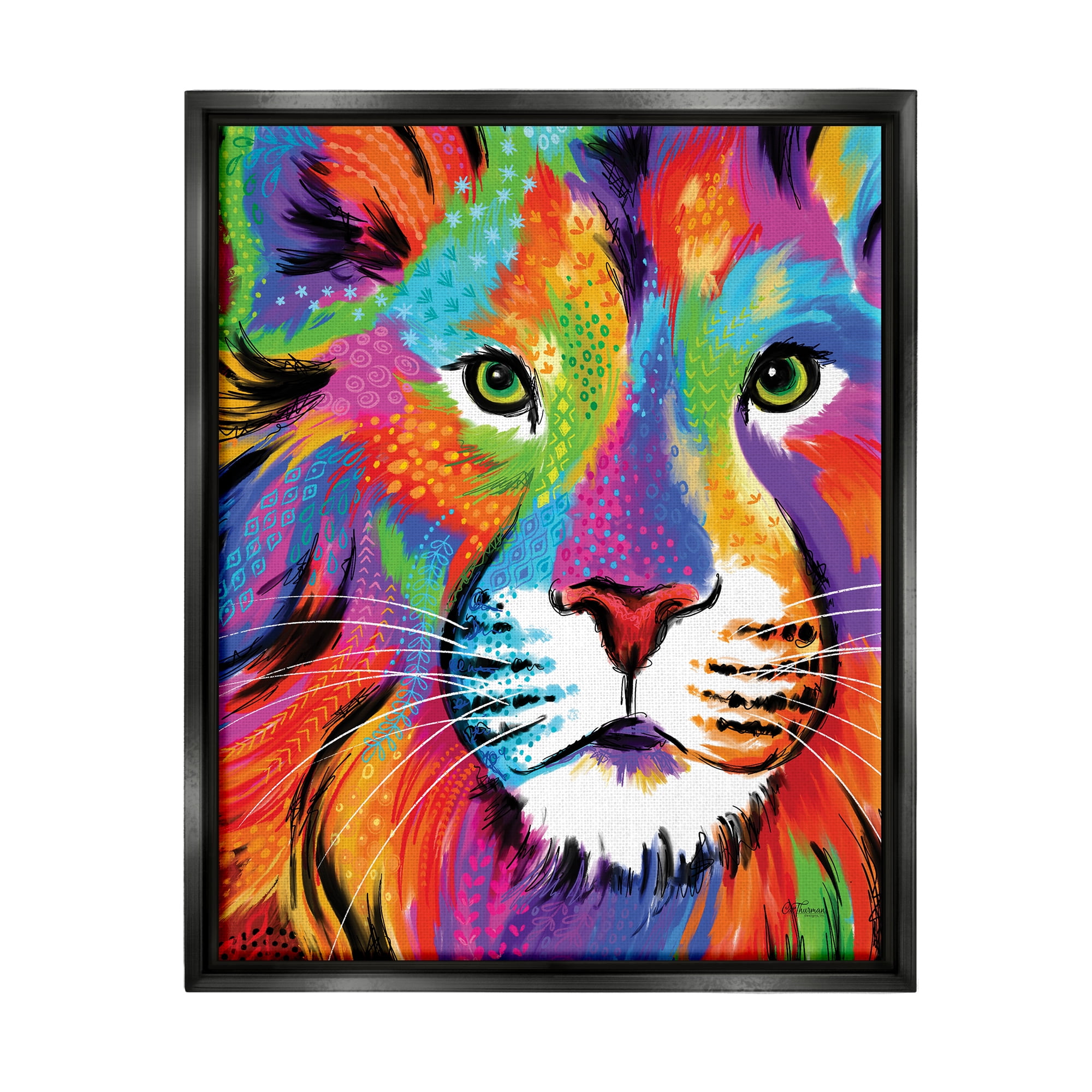 Stupell Industries Bold Hued Lion Portrait Animals & Insects Painting Black Floater Framed Art Print Wall Art, 25 x 31