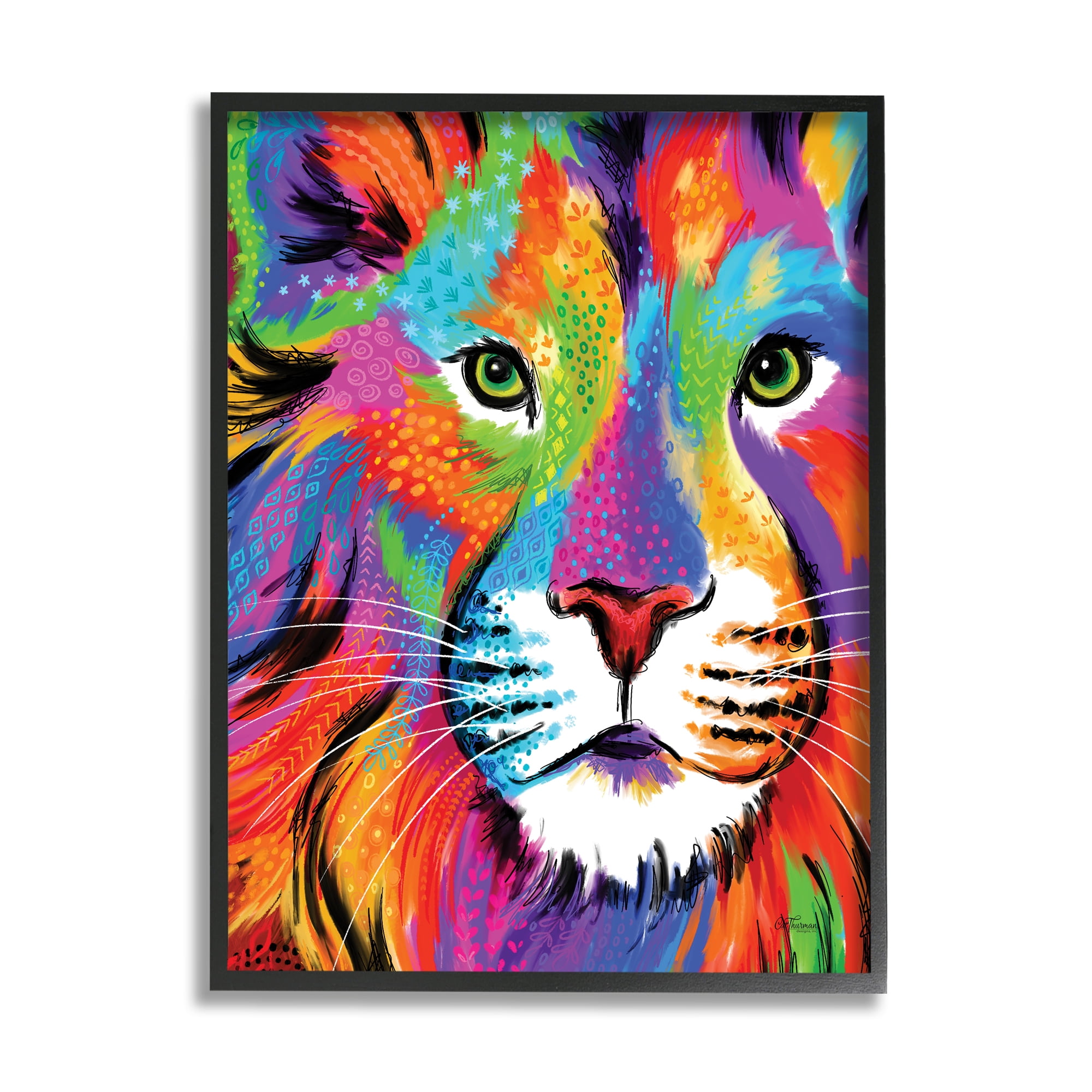 Stupell Industries Bold Hued Lion Portrait Animals & Insects Painting Black Framed Art Print Wall Art, 16 x 20