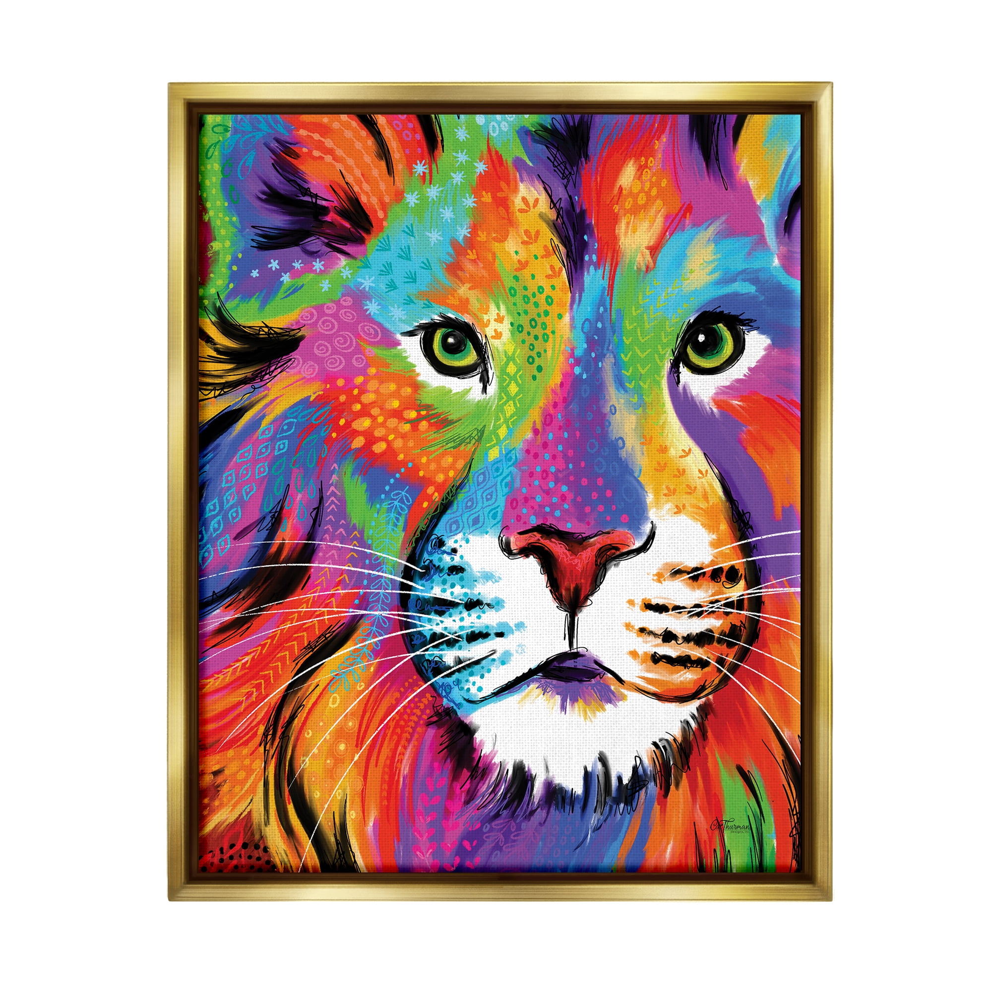Stupell Industries Bold Hued Lion Portrait Animals & Insects Painting Gold Floater Framed Art Print Wall Art, 25 x 31