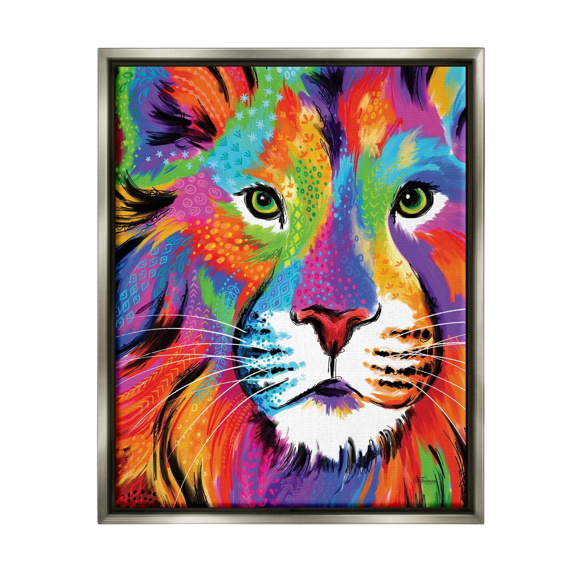 Stupell Industries Bold Hued Lion Portrait Animals & Insects Painting Gray Floater Framed Art Print Wall Art, 25 x 31