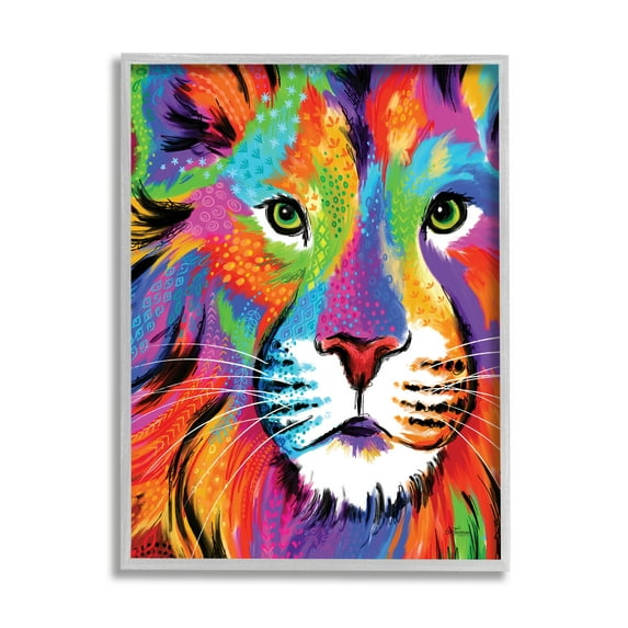 Stupell Industries Bold Hued Lion Portrait Animals & Insects Painting Gray Framed Art Print Wall Art, 11 x 14