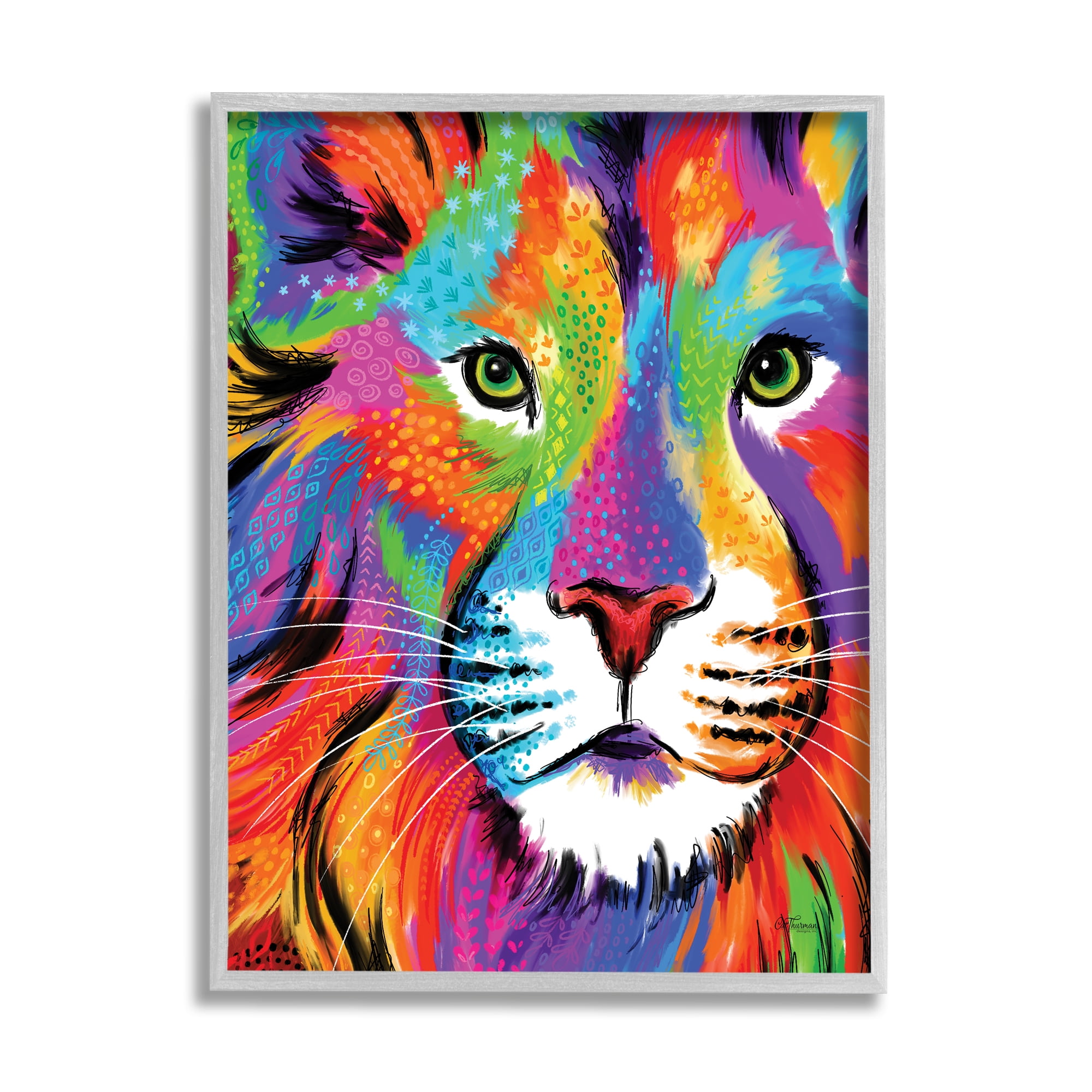 Stupell Industries Bold Hued Lion Portrait Animals & Insects Painting Gray Framed Art Print Wall Art, 16 x 20