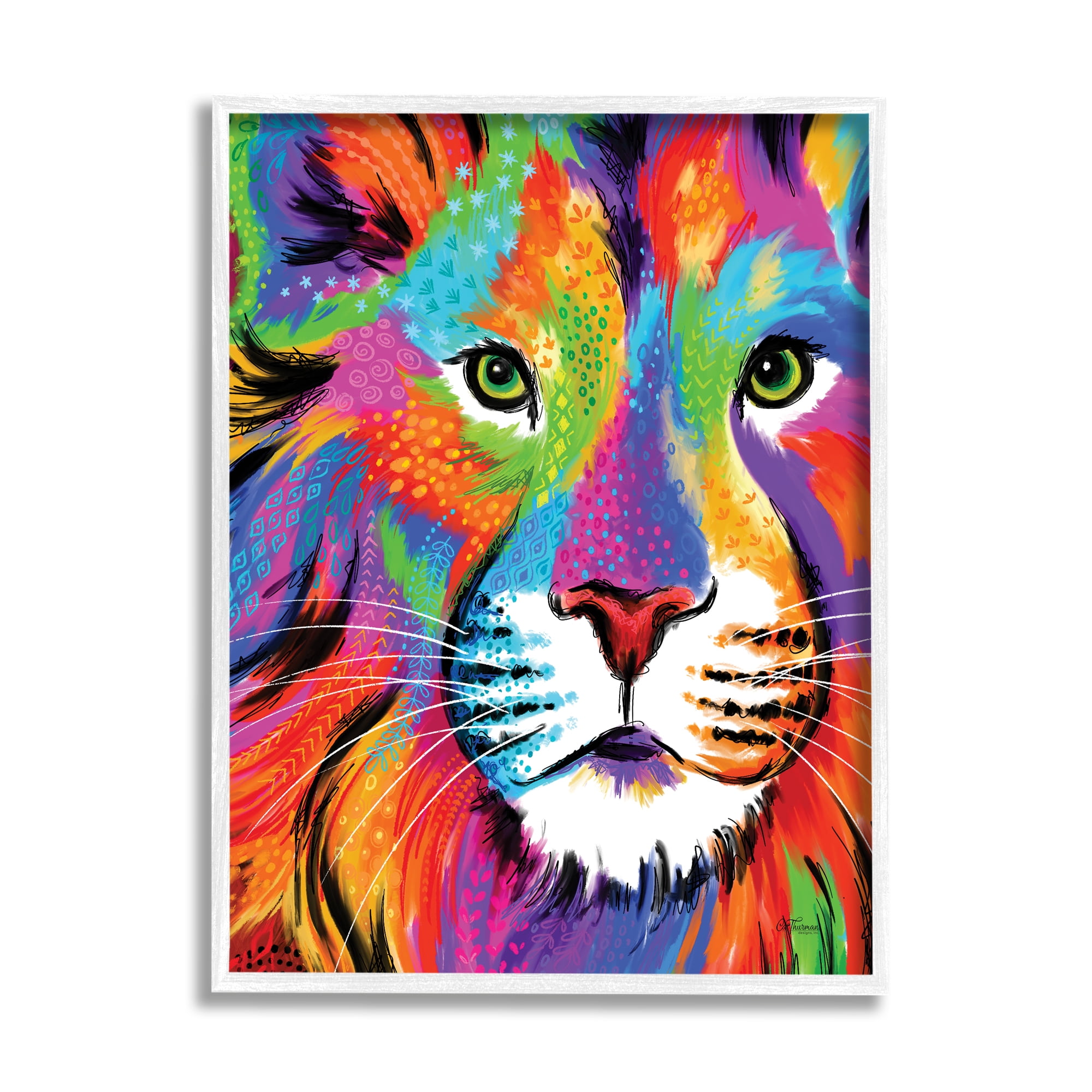 Stupell Industries Bold Hued Lion Portrait Animals & Insects Painting White Framed Art Print Wall Art, 16 x 20