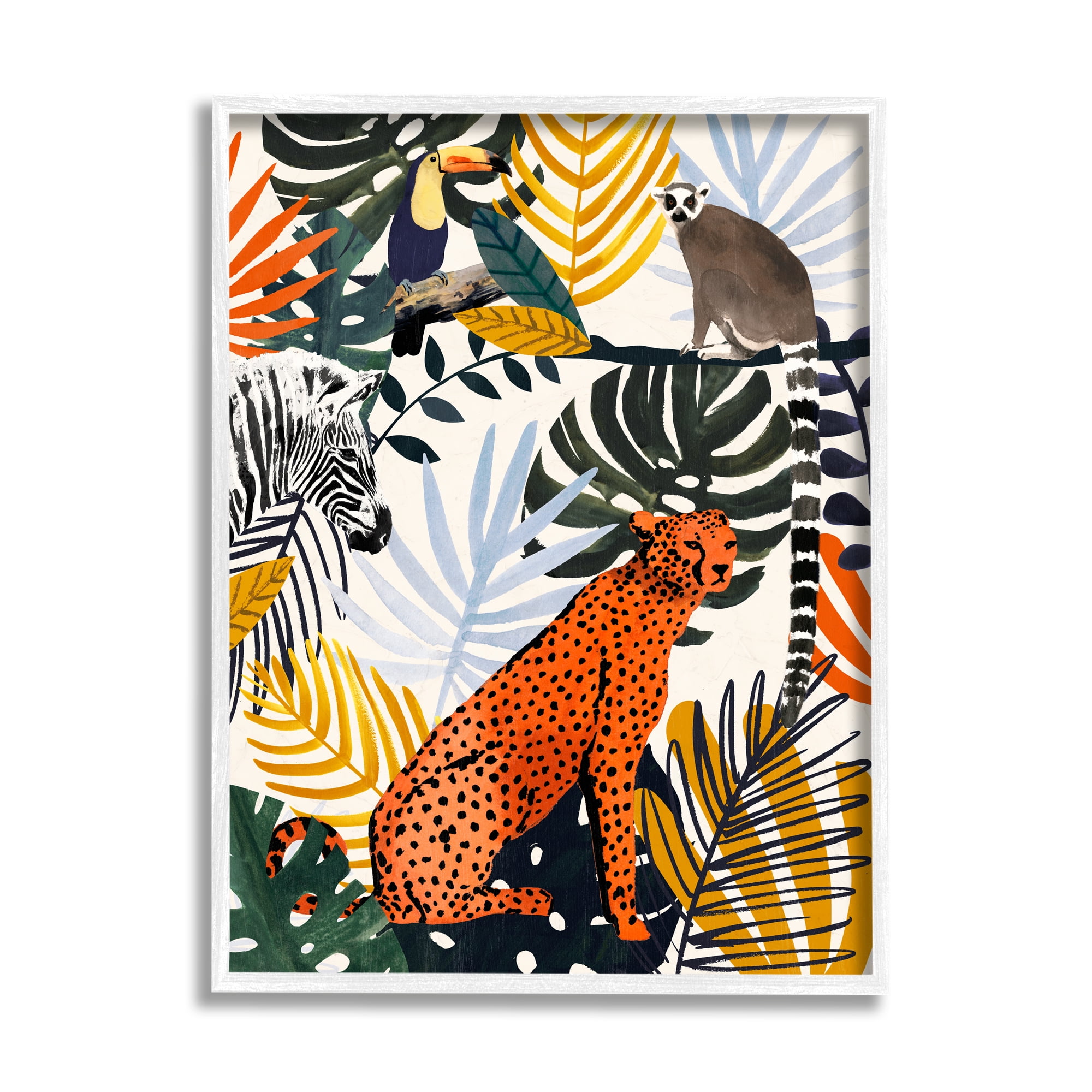 Bold Jungle Animal Collage on Canvas with White Frame