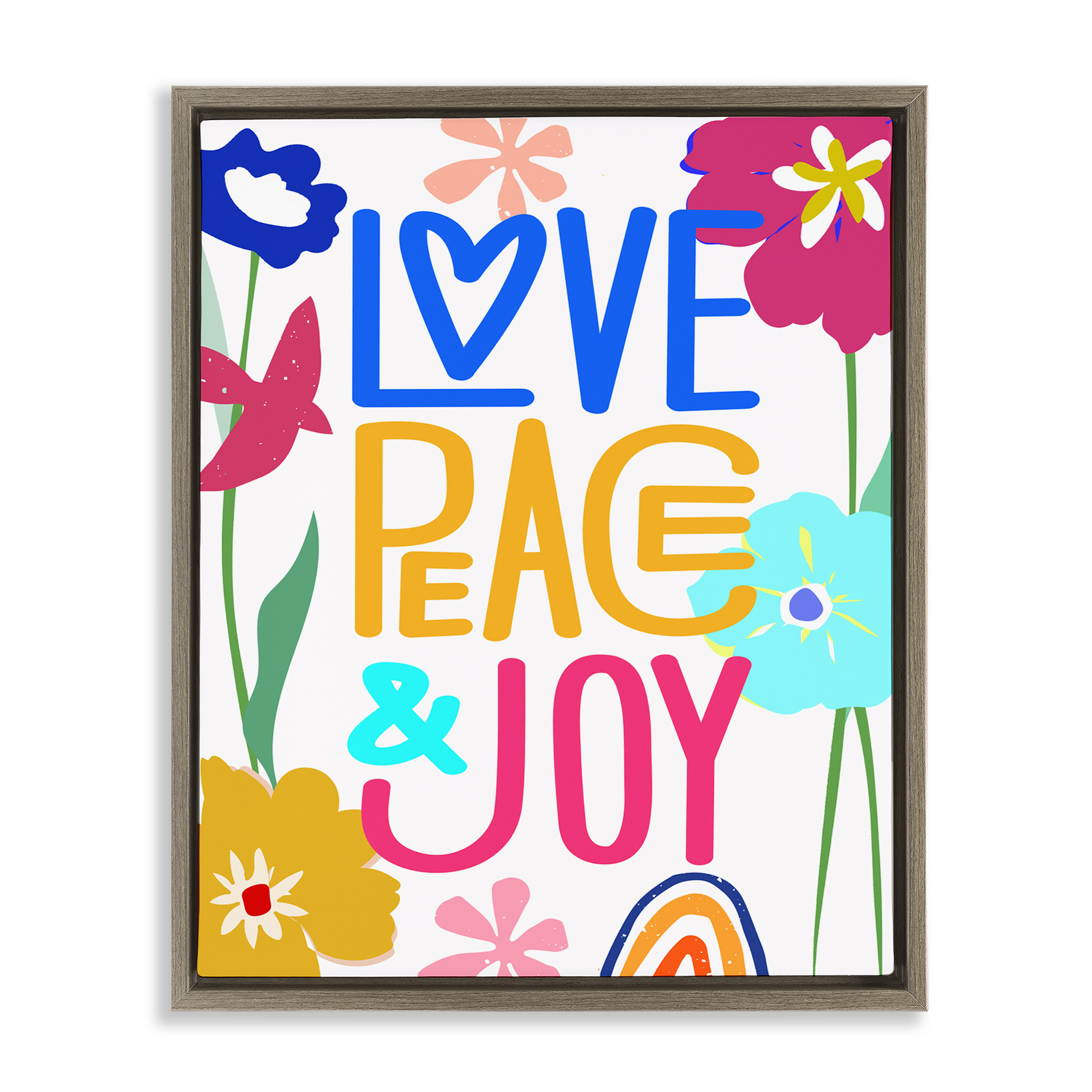 Stupell Industries Bold Love Peace Joy Plants & Flowers Painting Brown Floater Framed Canvas Art Print Wall Art, 17 x 21