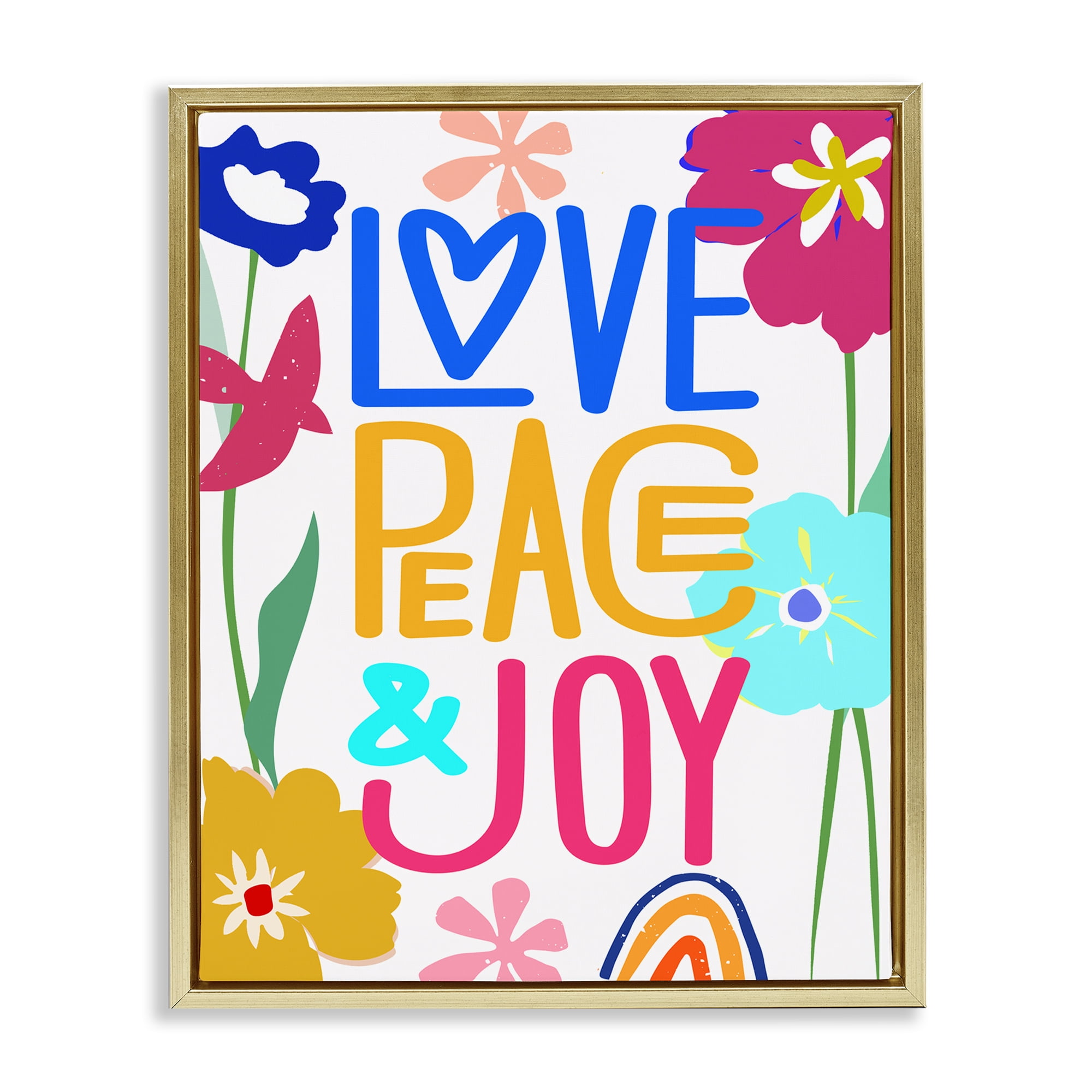 Stupell Industries Bold Love Peace Joy Plants & Flowers Painting Gold Floater Framed Canvas Art Print Wall Art, 25 x 31