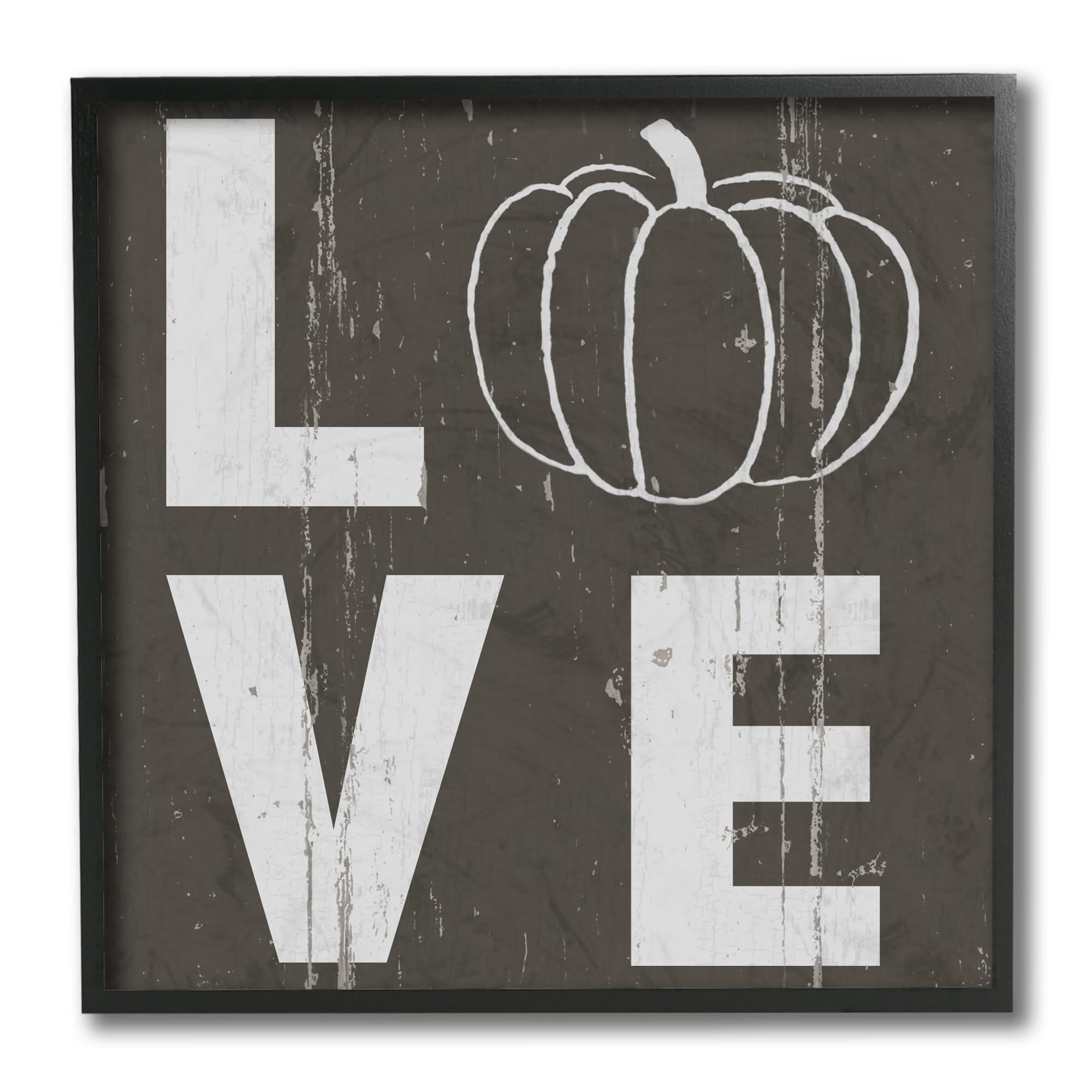 Stupell Industries Bold Love Text Distressed Pumpkin Symbol Typography Painting Black Framed Art Print Wall Art, 12 x 12