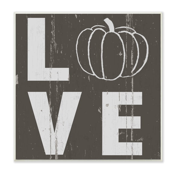 Stupell Industries Bold Love Text Distressed Pumpkin Symbol Typography Painting Wall Plaque Art Print Wall Art, 12 x 12