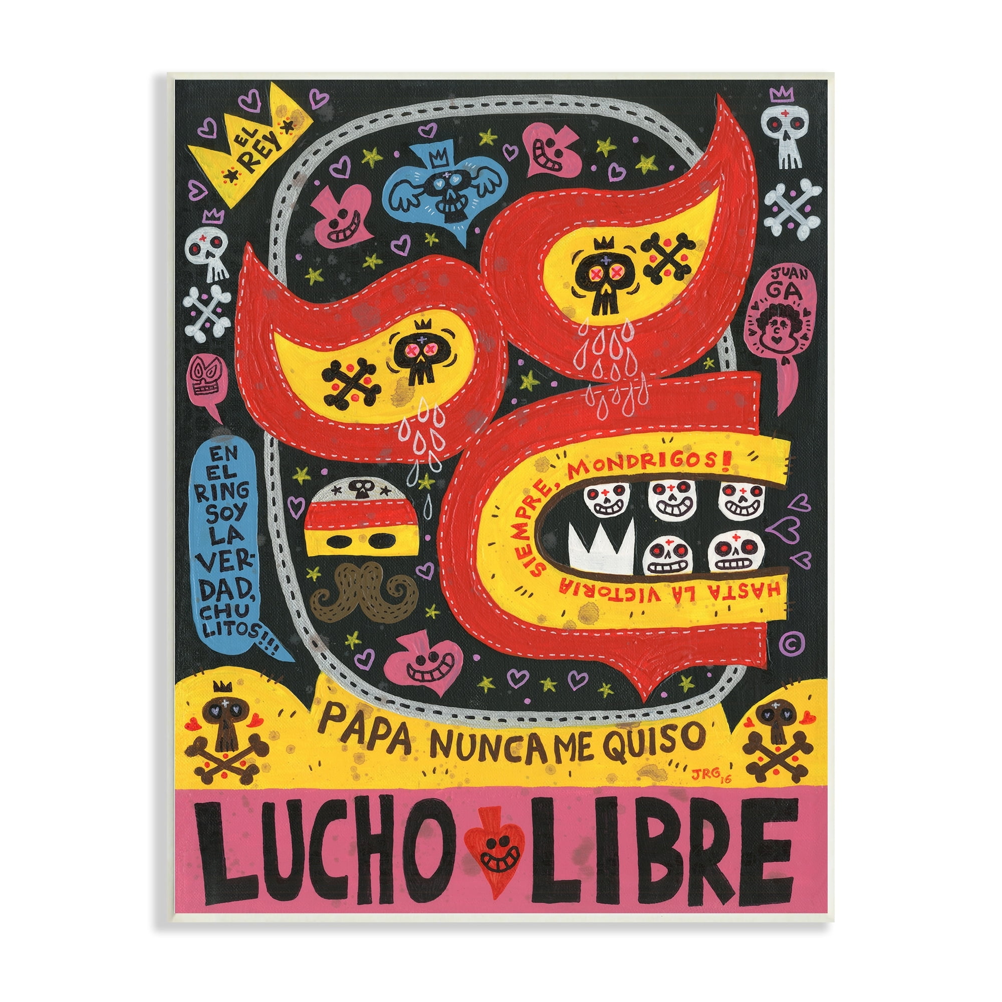 Stupell Industries Bold Lucho Libre Wrestling Mask Skull Shapes Pattern Wood Wall Art, 10 x 15, Design by Jorge R. Gutierrez