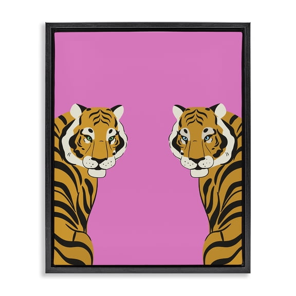Stupell Industries Bold Mirrored Tigers on Pink Animals Painting Black Floater Framed Canvas Art Print Wall Art, 17 x 21