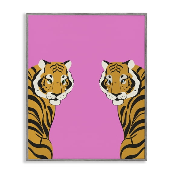 Stupell Industries Bold Mirrored Tigers on Pink Animals Painting Gray Framed Art Print Wall Art, 16 x 20