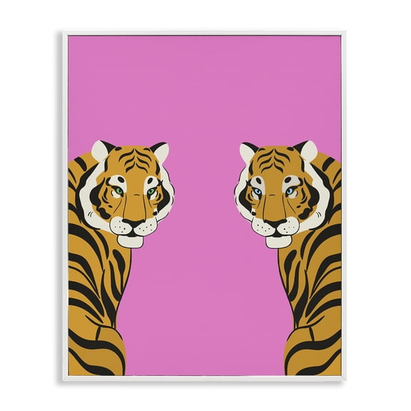 Stupell Industries Bold Mirrored Tigers on Pink Animals Painting White Framed Art Print Wall Art, 11 x 14