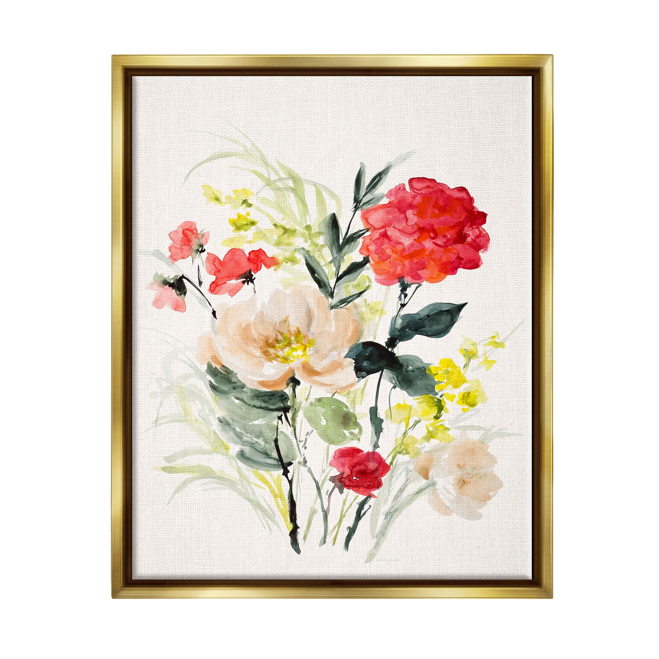 Stupell Industries Bold Mixed Flower Arrangement Graphic Art Metallic Gold Floating Framed Canvas Print Wall Art, Design by Lanie Loreth