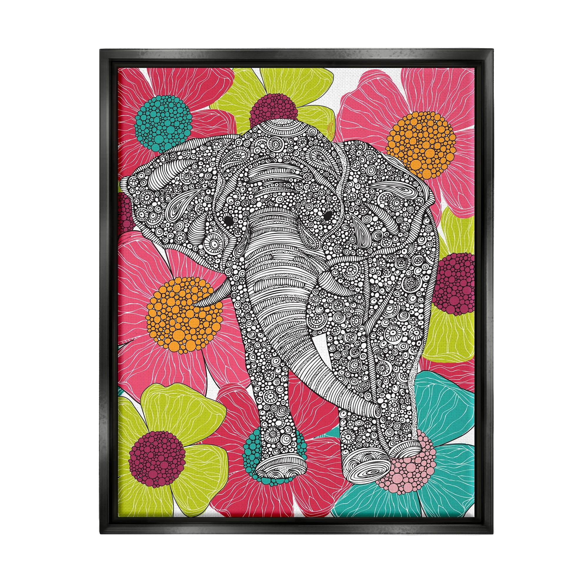 Stupell Industries Bold Modern Elephant Flower Blossoms Intricate Patterns Graphic Art Jet Black Floating Framed Canvas Print Wall Art, Design by Valentina Harper