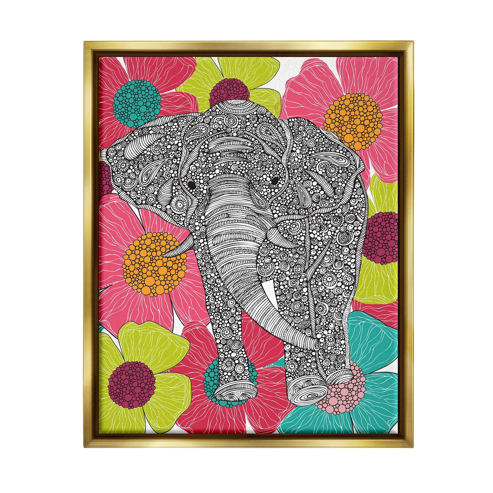Stupell Industries Bold Modern Elephant Flower Blossoms Intricate Patterns Graphic Art Metallic Gold Floating Framed Canvas Print Wall Art, Design by Valentina Harper